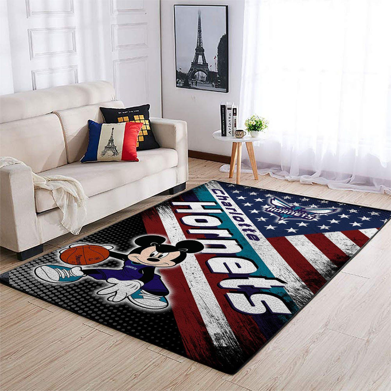 Charlotte Hornets Team Logo Mickey Us Rectangle Area Rug – Full Print Carpet For Living Room & Bedroom Home Decor