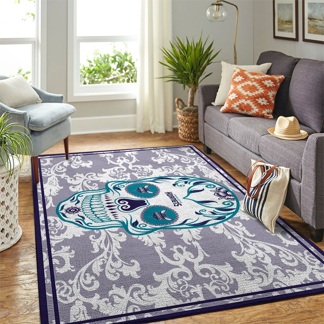 Charlotte Hornets Team Logo Skull Flower Rectangle Area Rug – Full Print Carpet For Living Room & Bedroom Home Decor