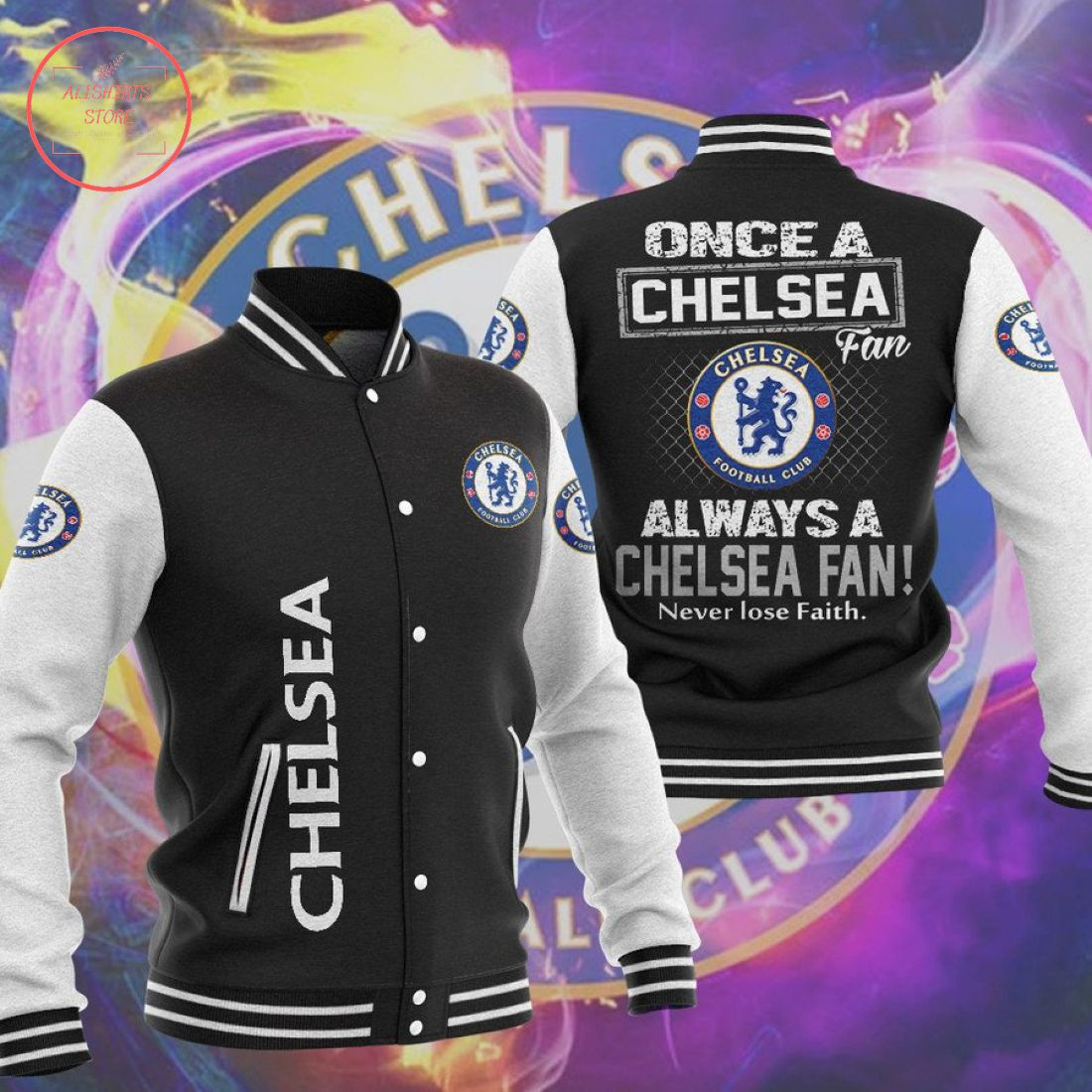 Chelsea Black â€œNever Lose Faithâ€ Varsity Baseball Jacket for Men & Women | Soccer Team Fan Gift