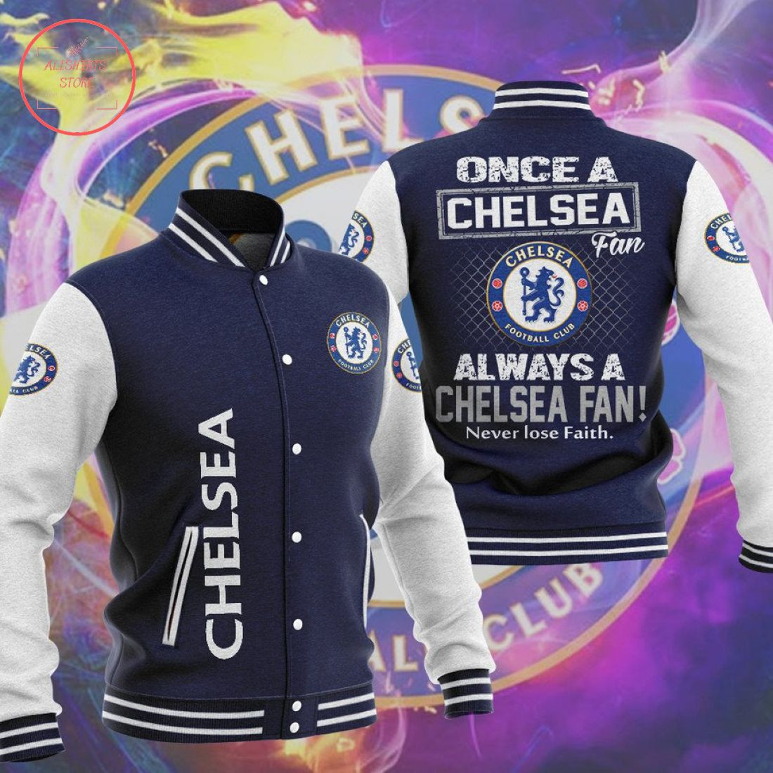 Chelsea Navy â€œNever Lose Faithâ€ Varsity Baseball Jacket for Men & Women | Soccer Team Fan Gift