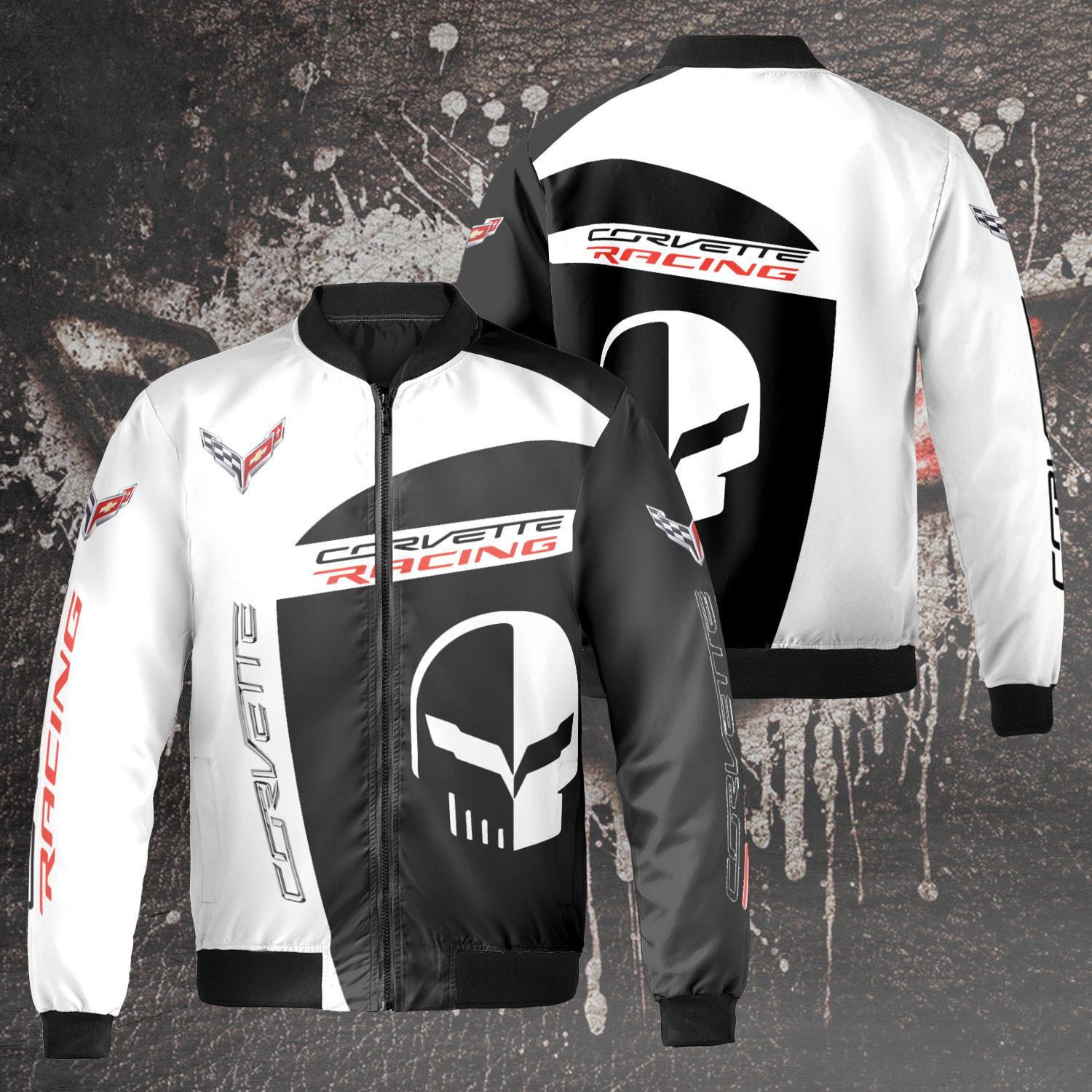 Chevrolet Corvette Racing Black N White Sport Car Bomber Jacket | Automotive Jacket for Men & Women | Car Fan Gift