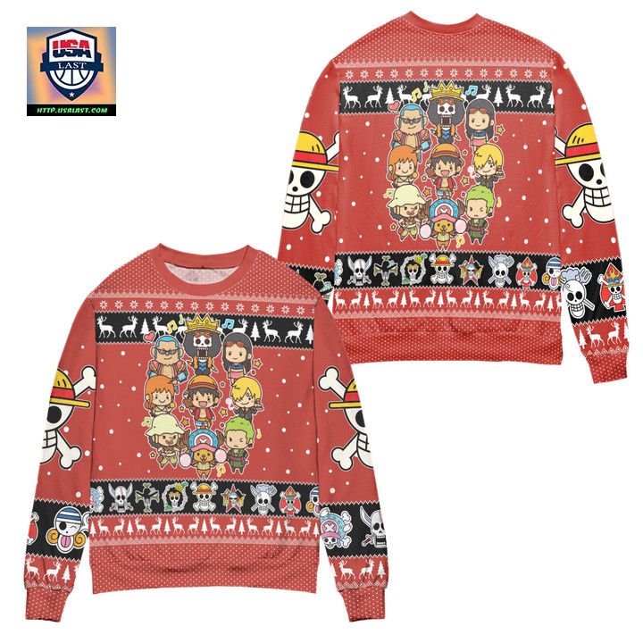 Chibi Version One Piece Snowflake Ugly Christmas Sweater Red
