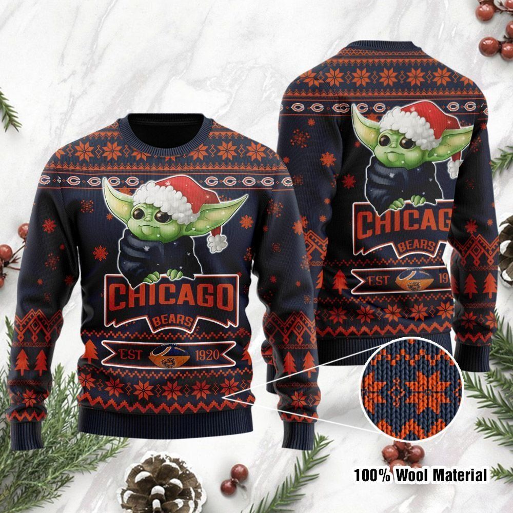 Chicago Bears Cute Baby Yoda Grogu Ugly Christmas Sweater Holiday Party Men Women Full Plus Size