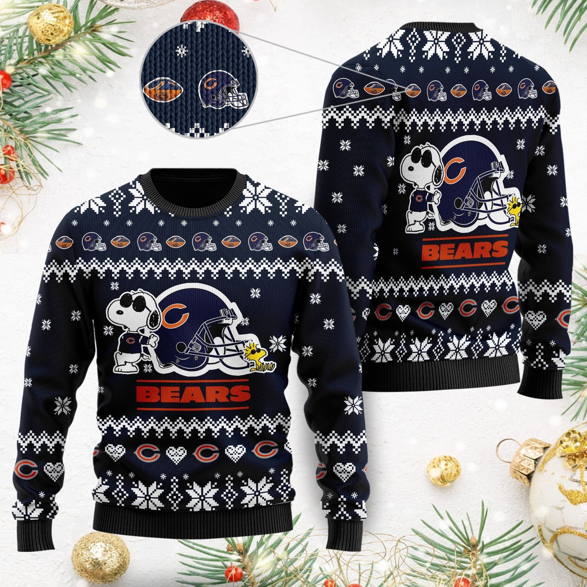 Chicago Bears Cute The Snoopy Show Football Helmet 3D All Over Print Ugly Christmas Sweater For American Football Players And Fans On Christmas Days