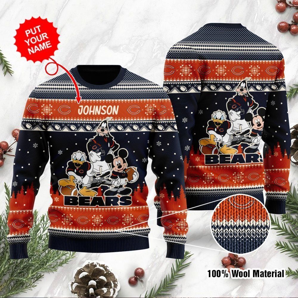 Chicago Bears Disney Donald Duck Mickey Mouse Goofy Custom Name Personalized Ugly Christmas Sweater Holiday Party For Men Women