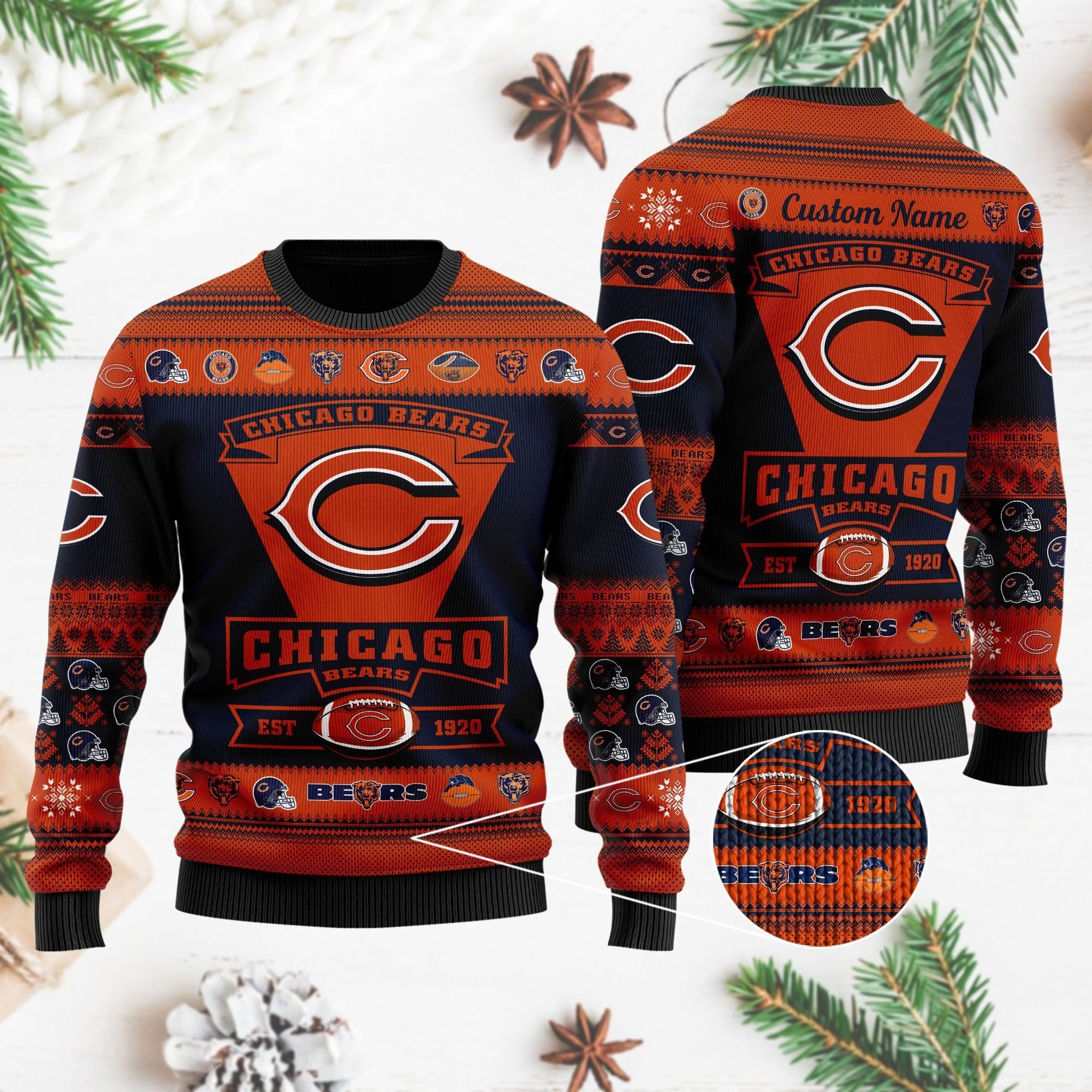 Chicago Bears Football Team Logo Custom Name Personalized Ugly Christmas Sweater Holiday Party Men Women Plus Size