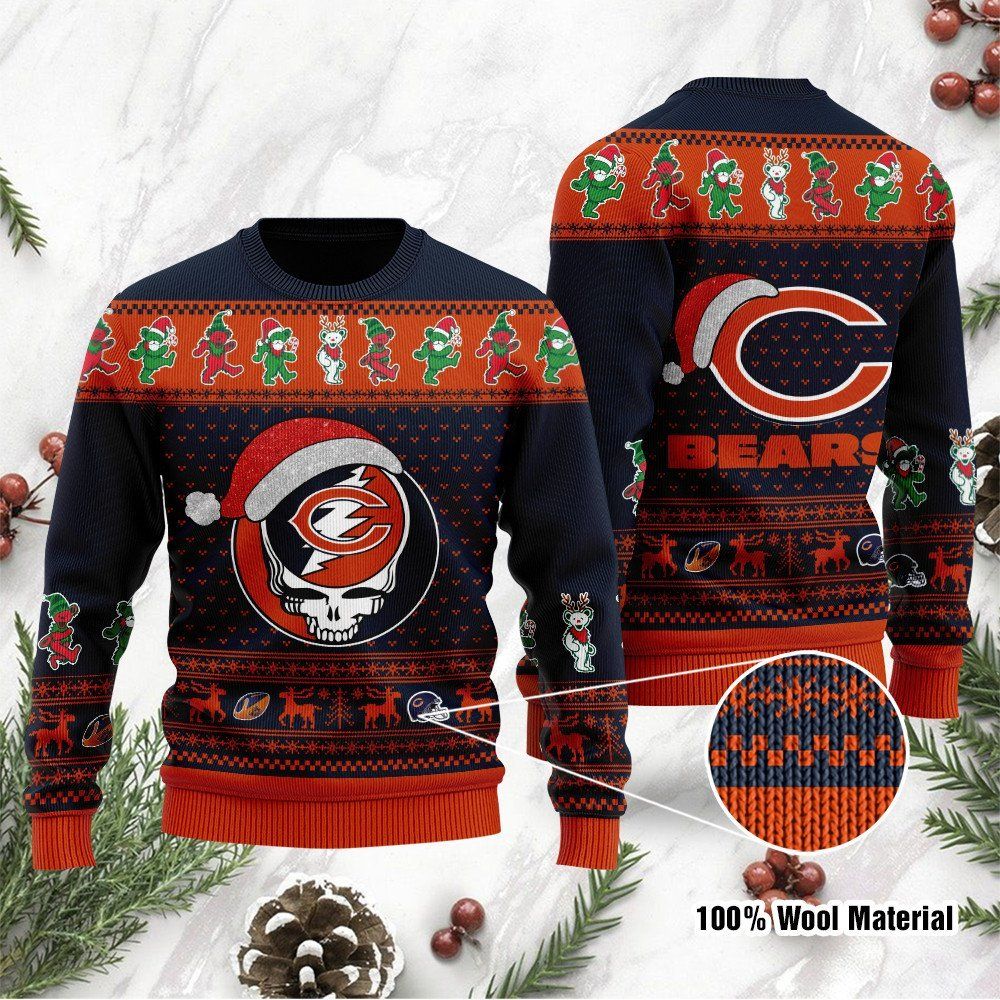 Chicago Bears Grateful Dead SKull And Bears Custom Name Ugly Christmas Sweater NFL Football Christmas