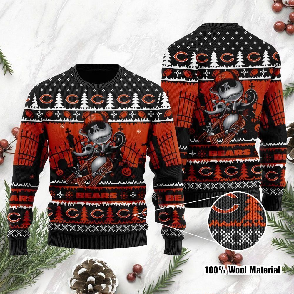 Chicago Bears Jack Skellington Halloween Ugly Christmas Sweater Holiday Party Men Women Full Plus Size