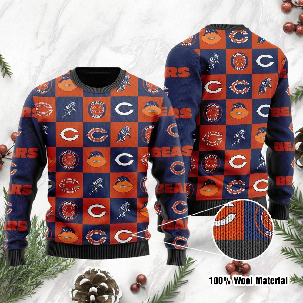 Chicago Bears Logo Checkered Flannel Ugly Christmas Sweater, Perfect Holiday Gift