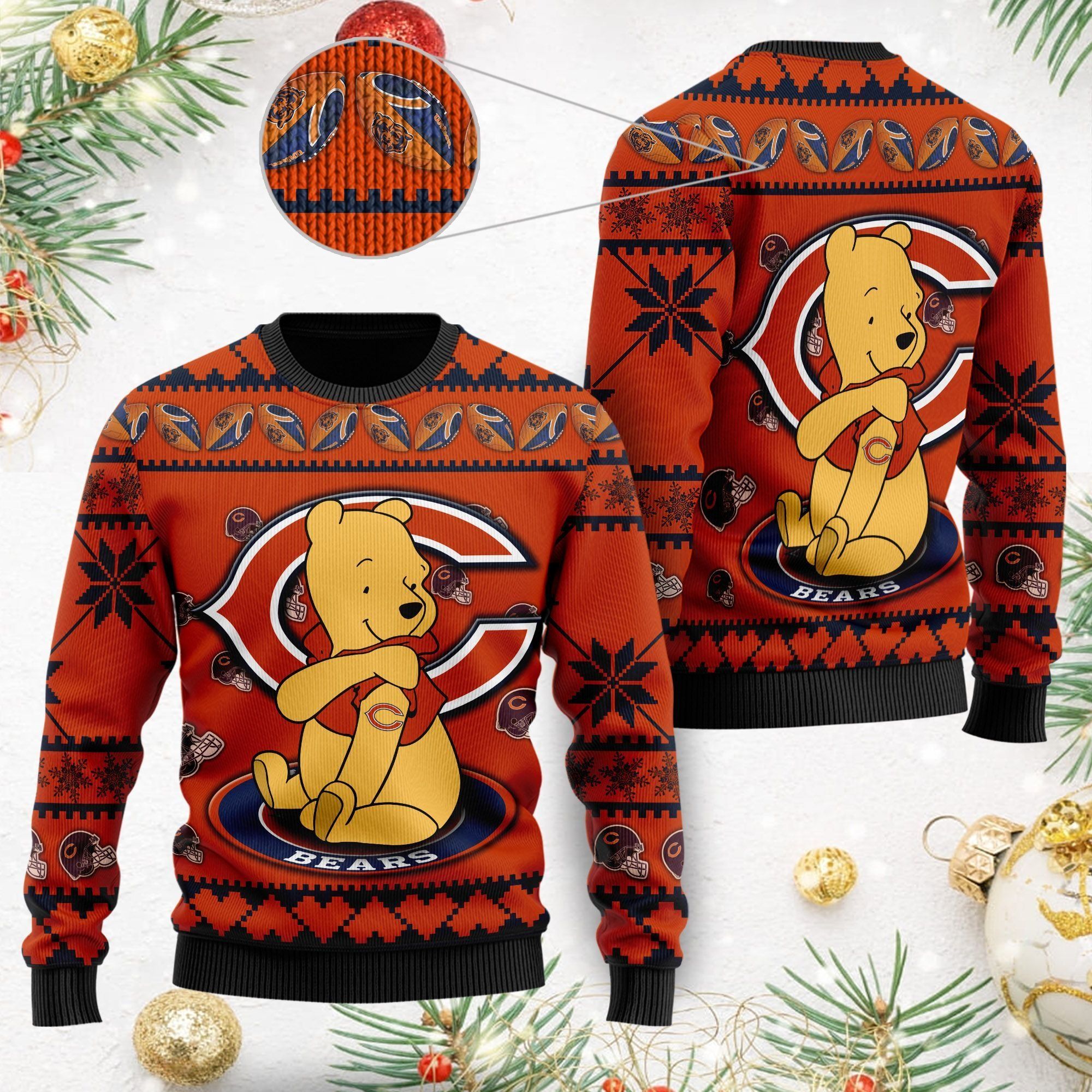 Chicago Bears NFL American Football Team Logo Cute Winnie The Pooh Bear 3D Ugly Christmas Sweater