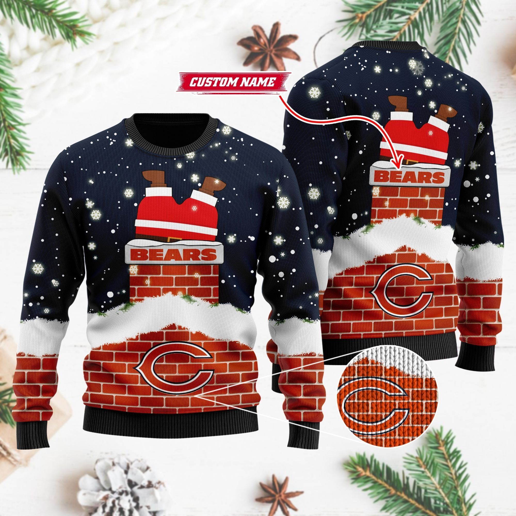 Chicago Bears NFL Football Team Logo Symbol Santa Claus Custom Name Personalized 3D Ugly Christmas Sweater