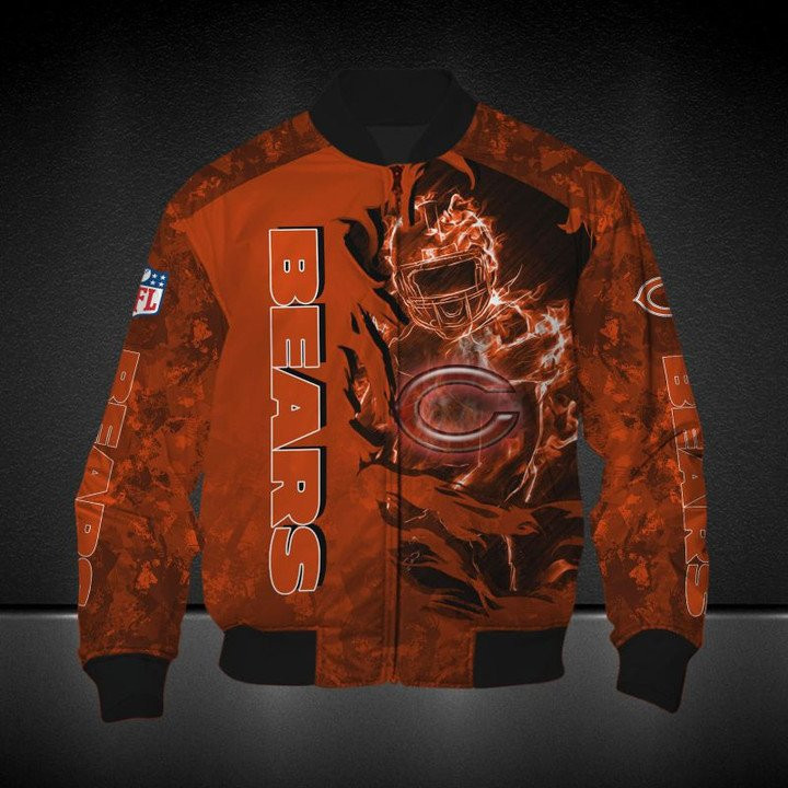 Chicago Bears Orange Scratch Player In Fire Bomber Jacket | NFL Team Jacket for Men & Women | Football Fan Gift