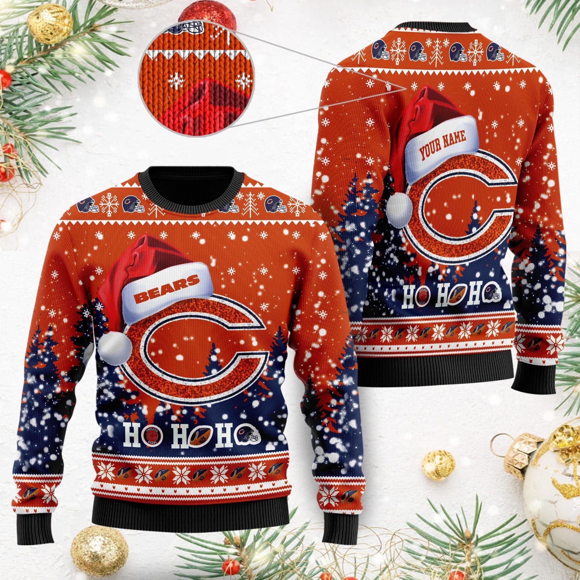 Chicago Bears Symbol Wearing Santa Claus Hat Cute Pattern Ho Ho Ho Custom Personalized Ugly Christmas Sweater For Football Fans On Xmas Party