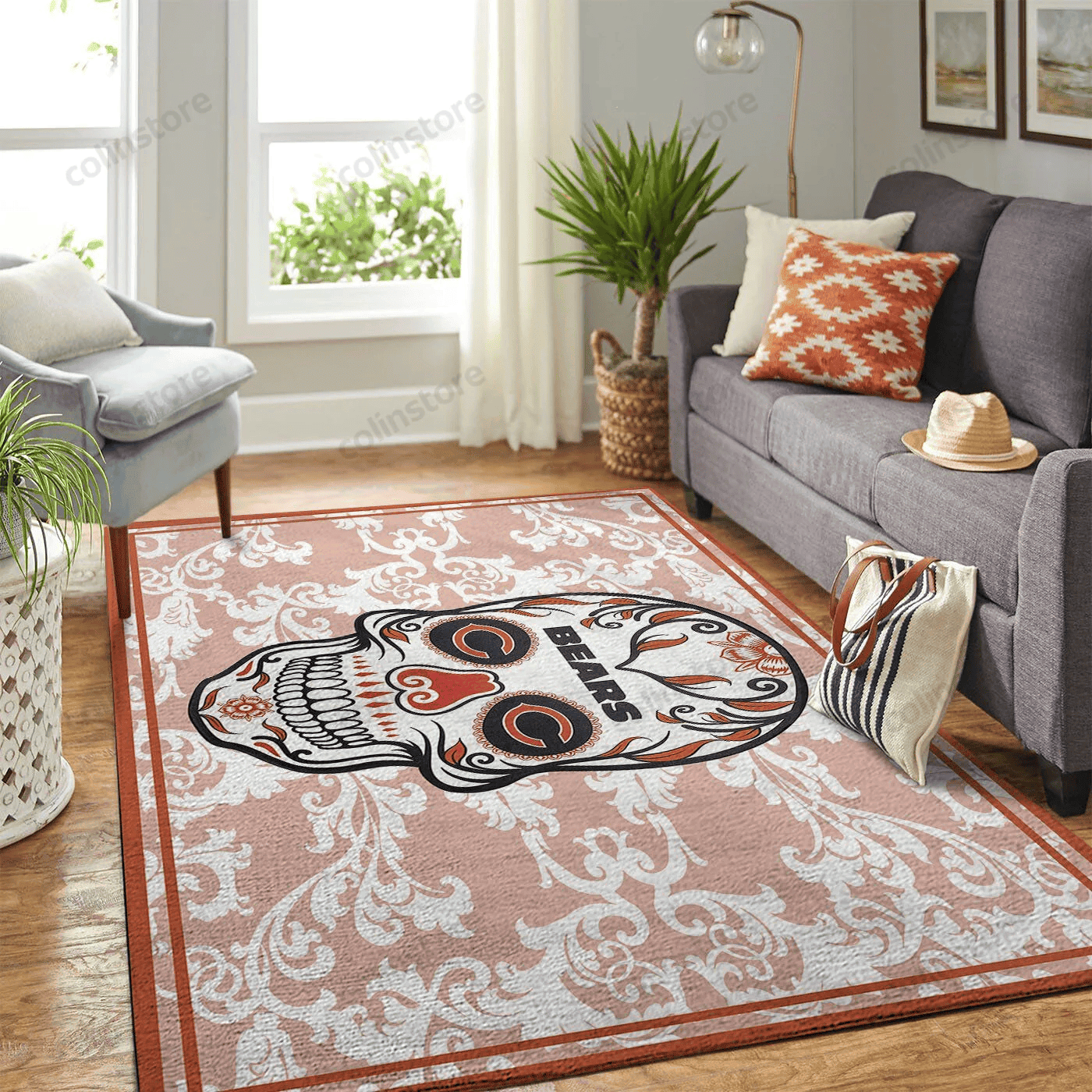 Chicago Bears Team Logo Skull Flower Rectangle Area Rug – Full Print Carpet For Living Room & Bedroom Home Decor