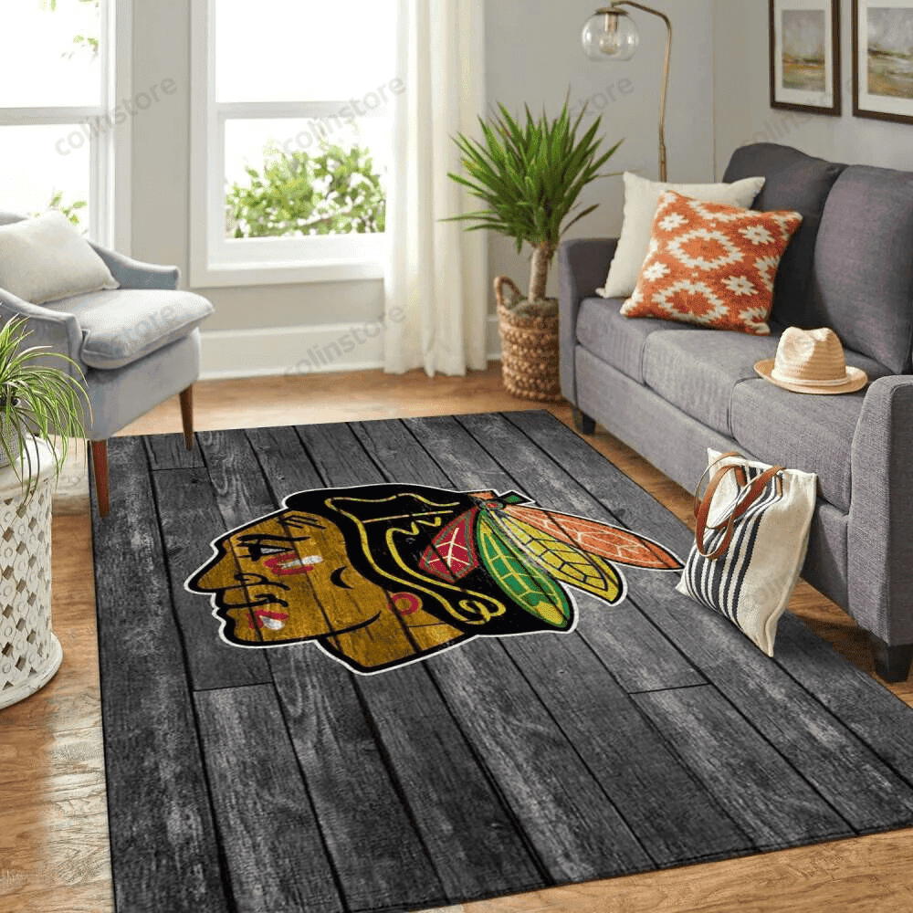 Chicago Blackhawks Team Logo Grey Rectangle Area Rug – Full Print Carpet For Living Room & Bedroom Home Decor