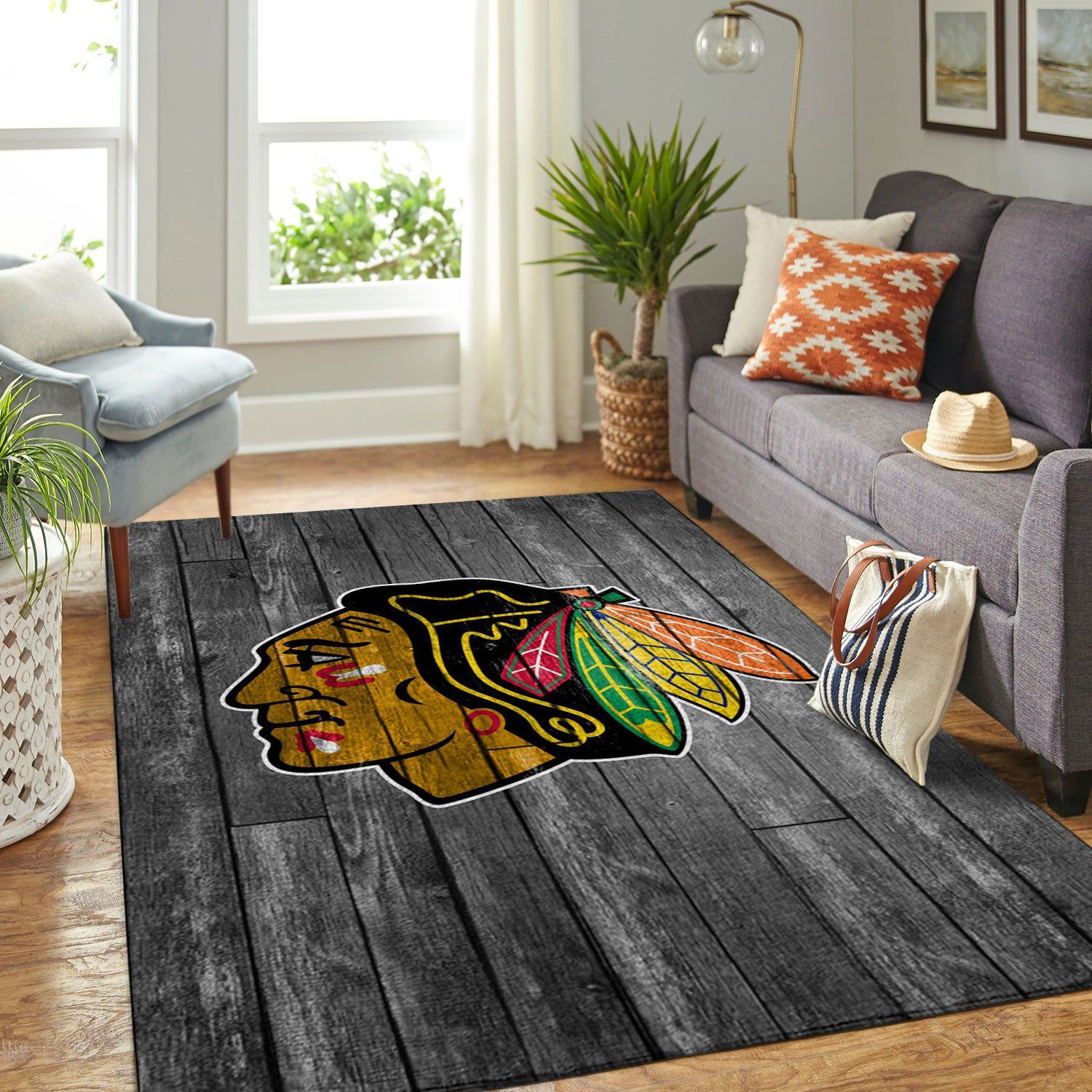 Chicago Blackhawks Team Logo Grey Wooden Rectangle Area Rug – Full Print Carpet For Living Room & Bedroom Home Decor