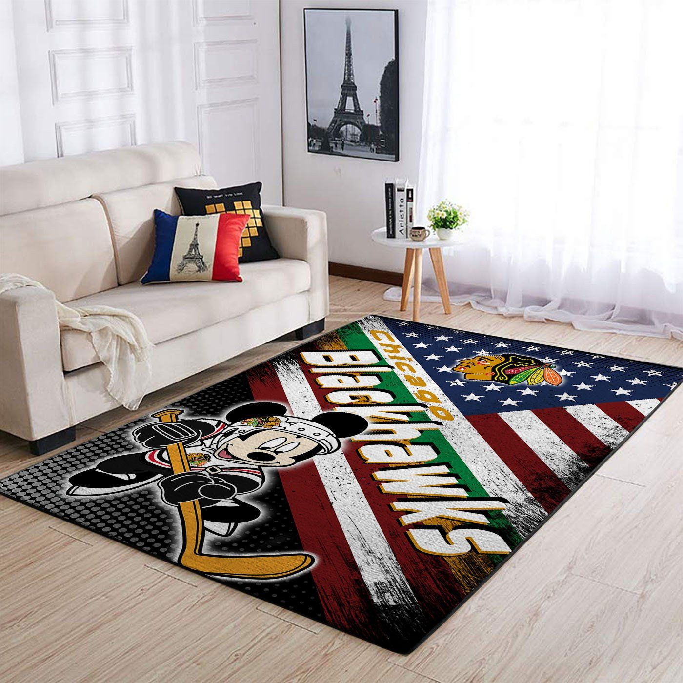 Chicago Blackhawks Team Logo Mickey Us Rectangle Area Rug – Full Print Carpet For Living Room & Bedroom Home Decor