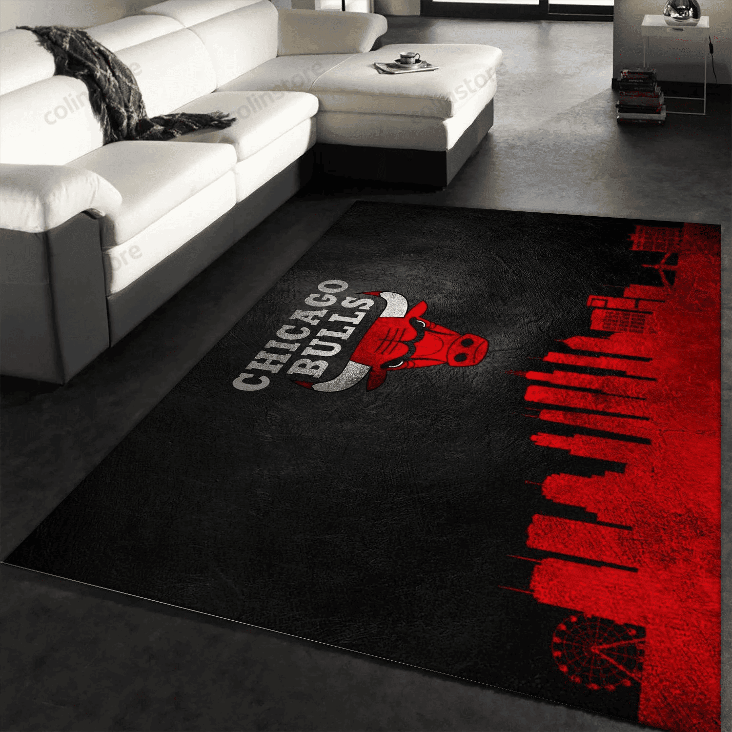 Chicago Bulls Skyline Black And Red Gifts 3D Rectangle Area Rug – Full Print Carpet For Living Room & Bedroom Home Decor