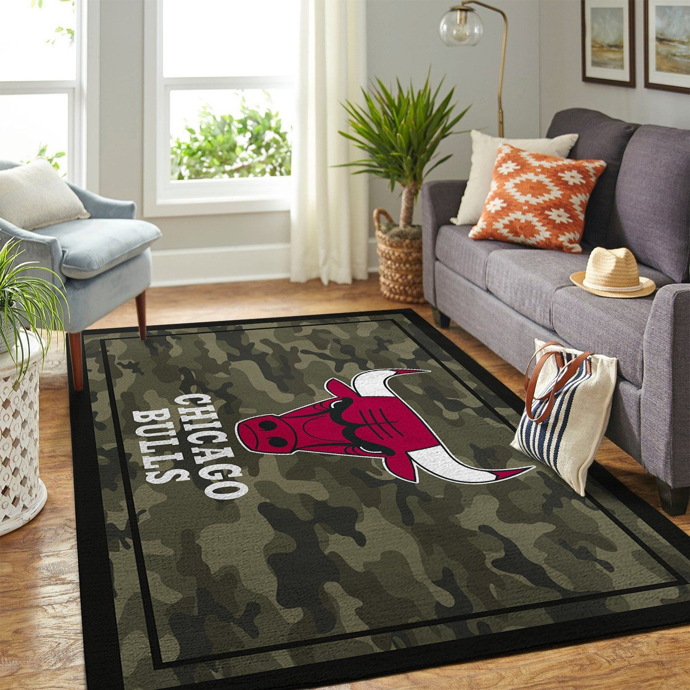 Chicago Bulls Team Logo Camo Rectangle Area Rug – Full Print Carpet For Living Room & Bedroom Home Decor