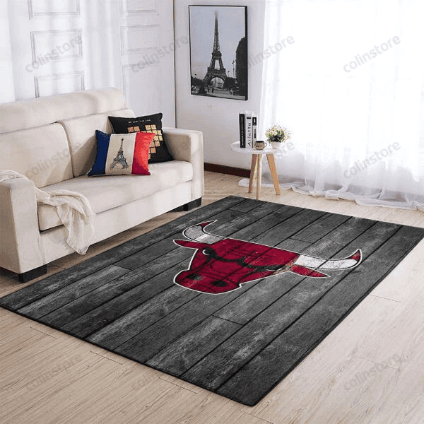 Chicago Bulls Team Logo Grey Wooden 3D Rectangle Area Rug – Full Print Carpet For Living Room & Bedroom Home Decor