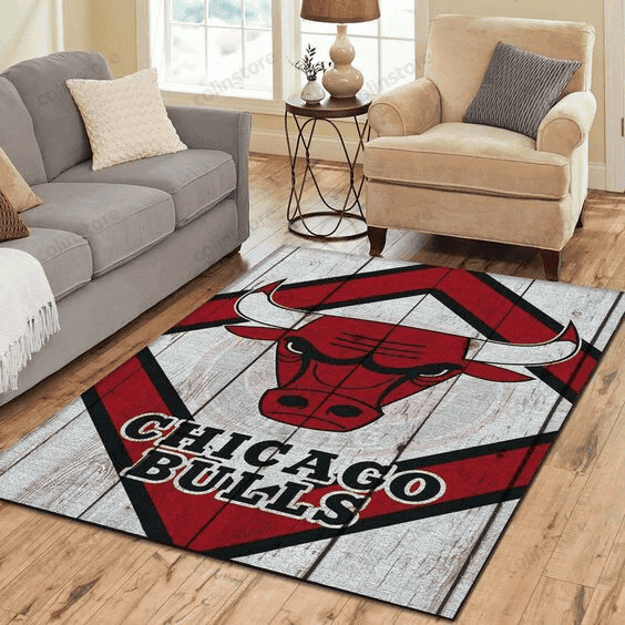 Chicago Bulls Team Logo Wooden Style White 3D Rectangle Area Rug – Full Print Carpet For Living Room & Bedroom Home Decor