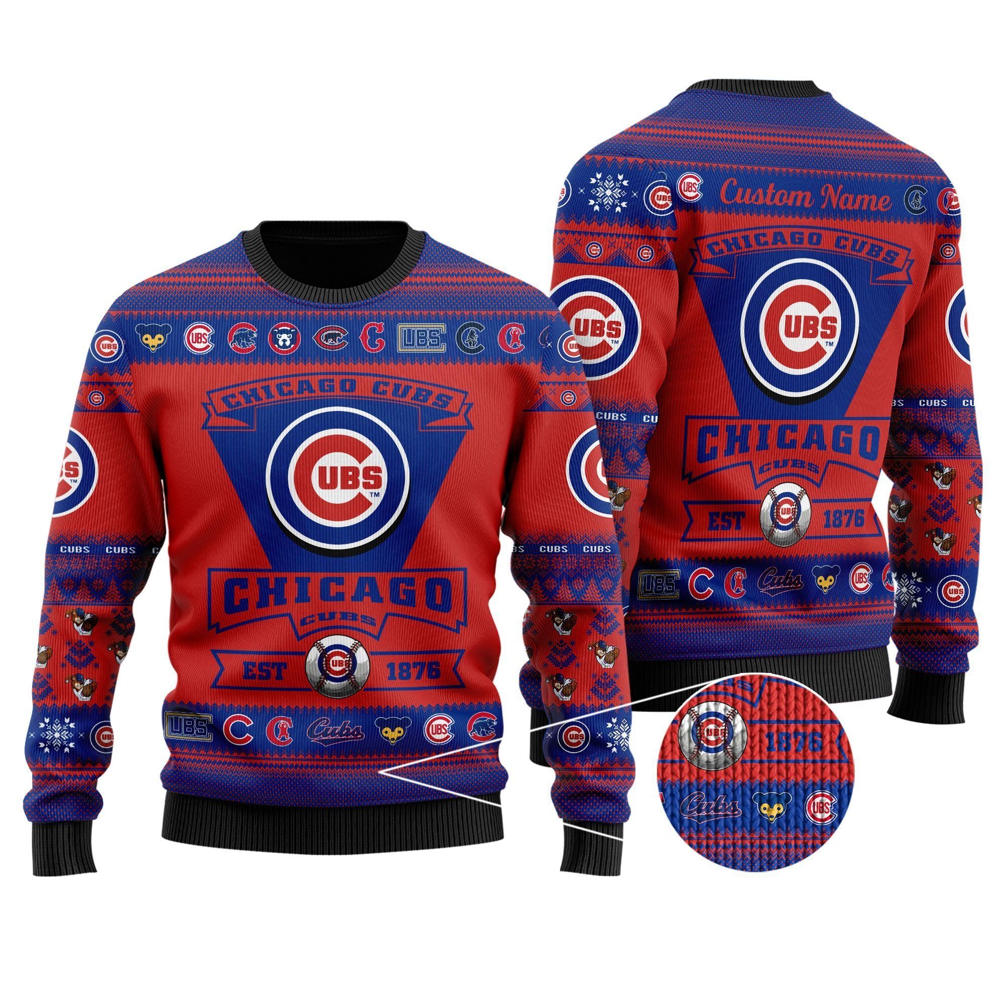 Chicago Cubs Football Team Logo Custom Name Personalized Ugly Christmas Sweater Holiday Party Men Women Plus Size