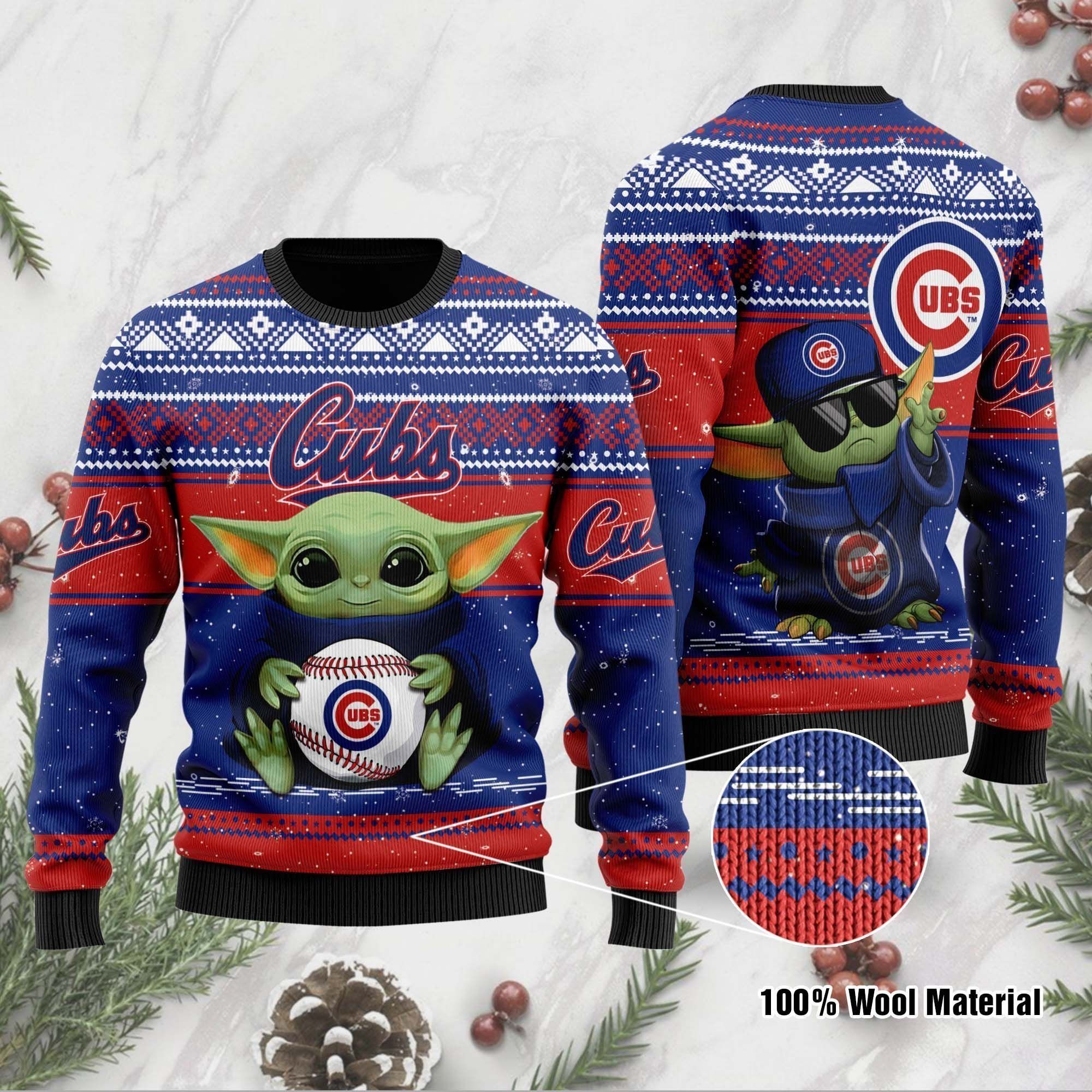 Chicago Cubs Grogu Baby Yoda Hug Logo Ugly Christmas Sweater Party