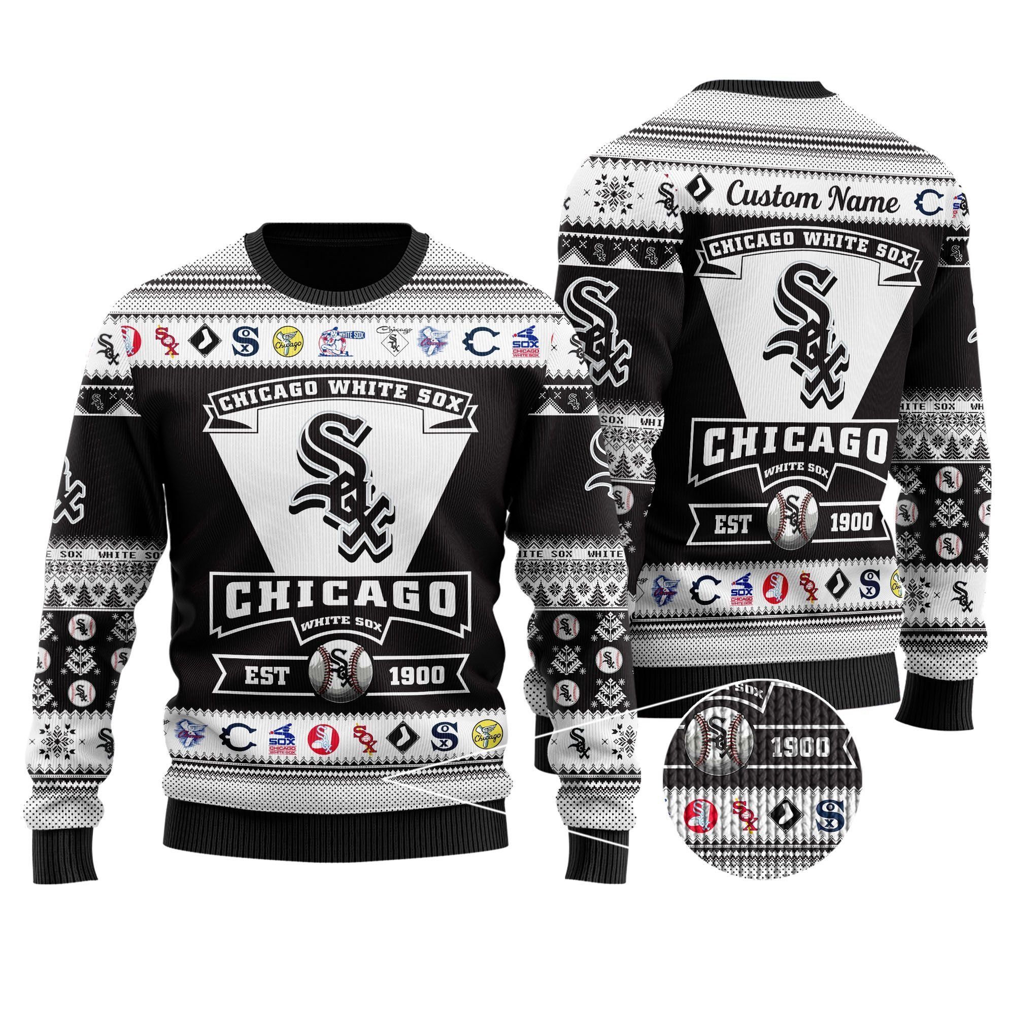 Chicago White Sox Football Team Logo Custom Name Personalized Ugly Christmas Sweater Holiday Party Men Women Plus Size