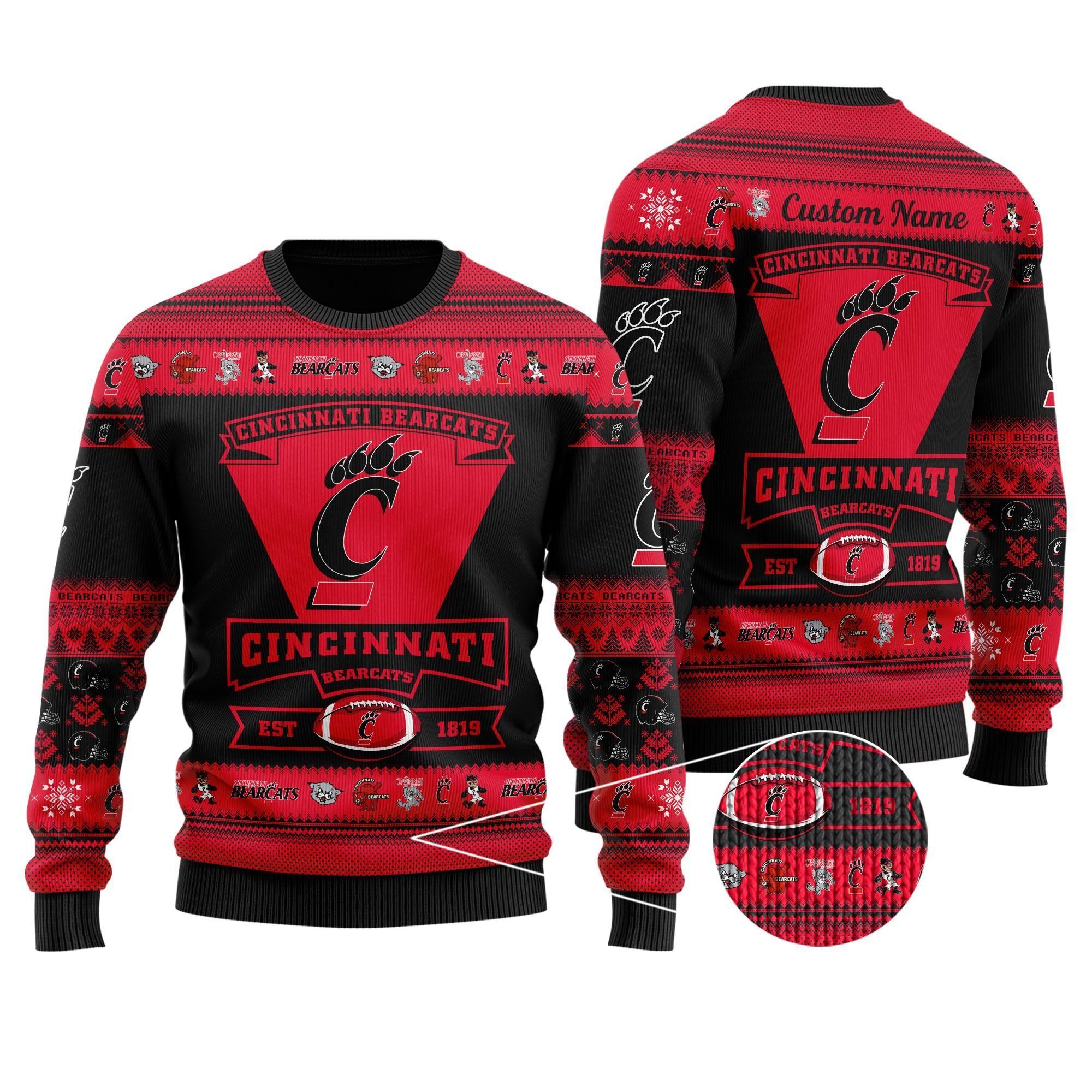Cincinnati Bearcats Football Team Logo Custom Name Personalized Ugly Christmas Sweater Holiday Party Men Women Plus Size