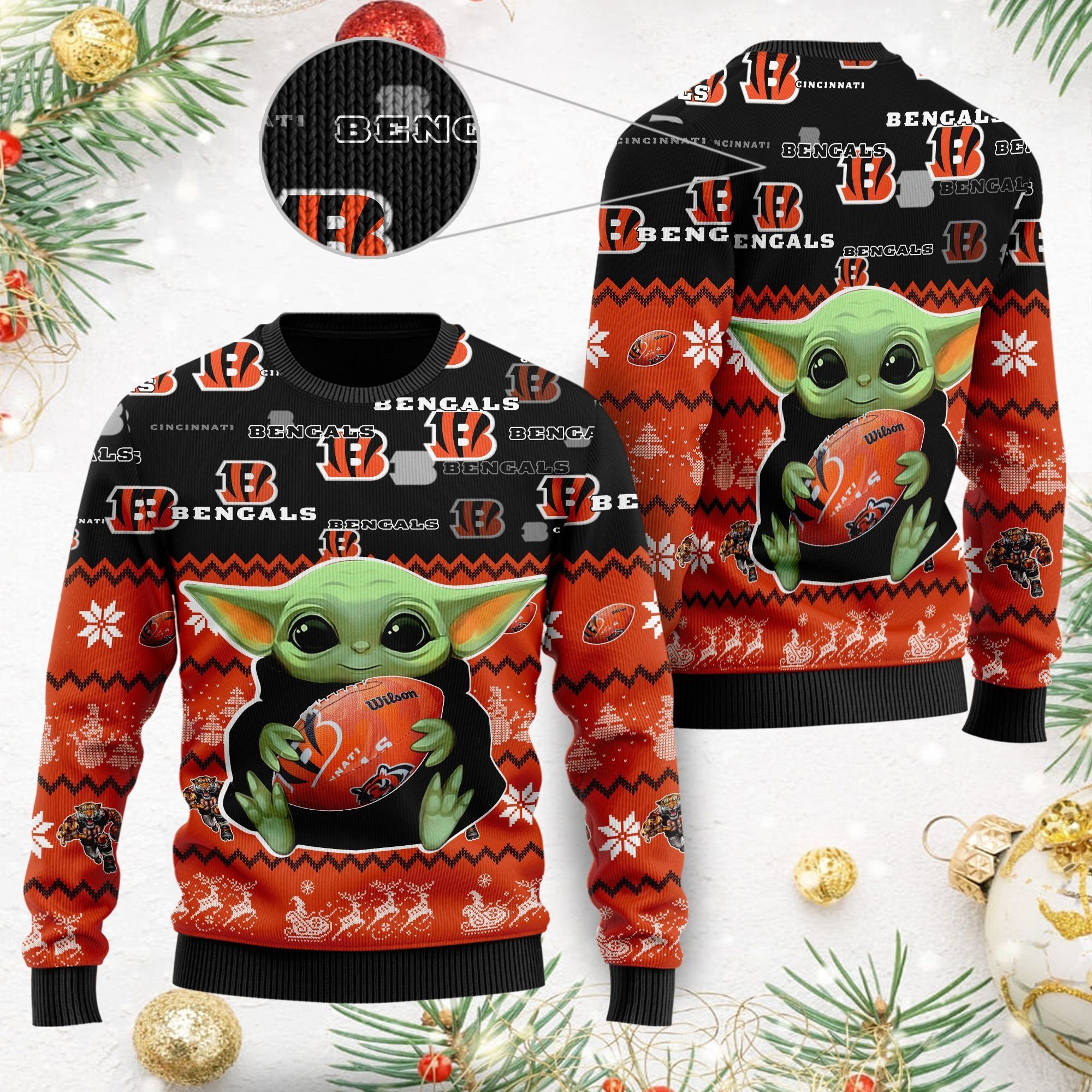 Cincinnati Bengals Baby Yoda Ugly Christmas Sweater For American Football Fans