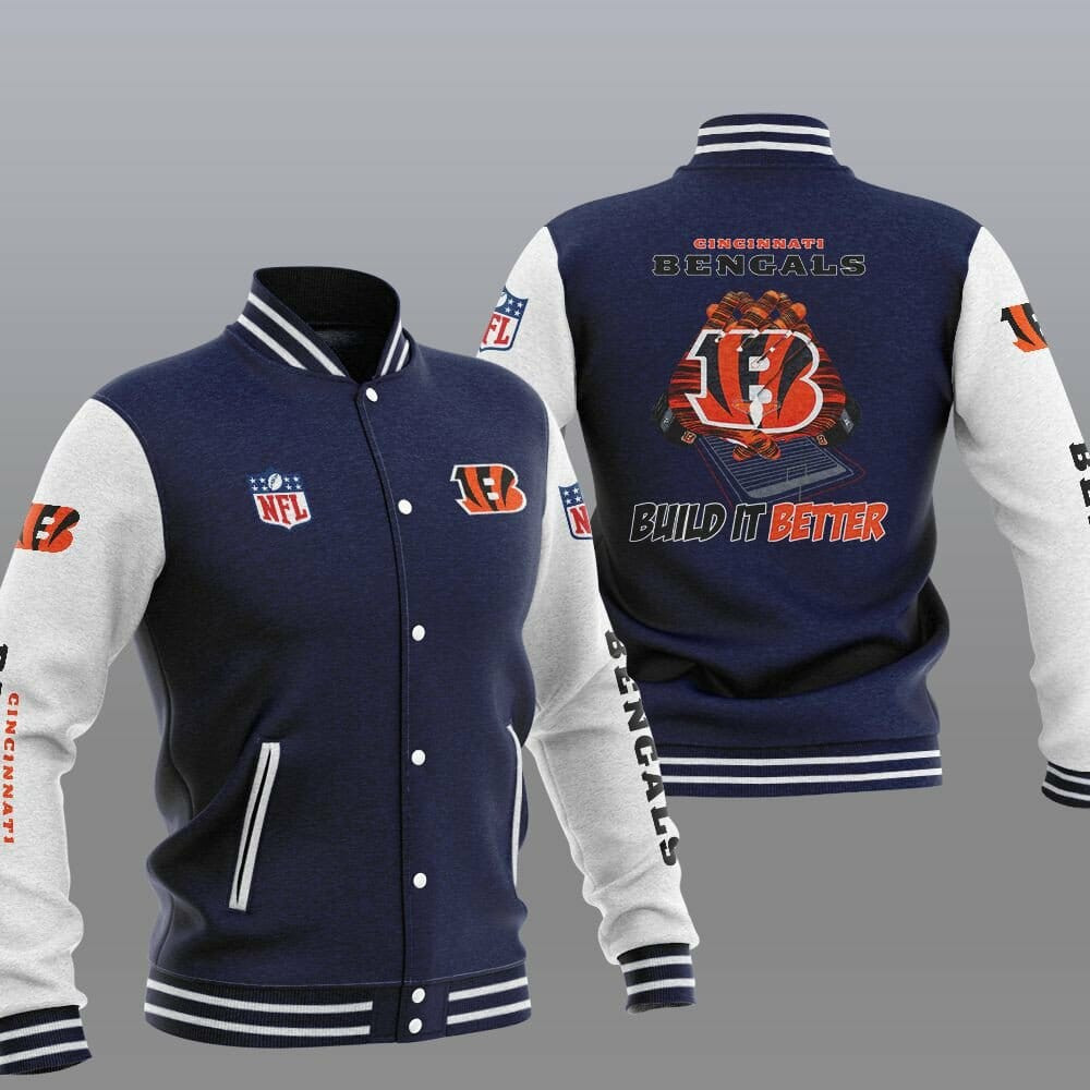 Cincinnati Bengals Blue â€œBuild It Betterâ€ Varsity Baseball Jacket for Men & Women | NFL Team Fan Gift