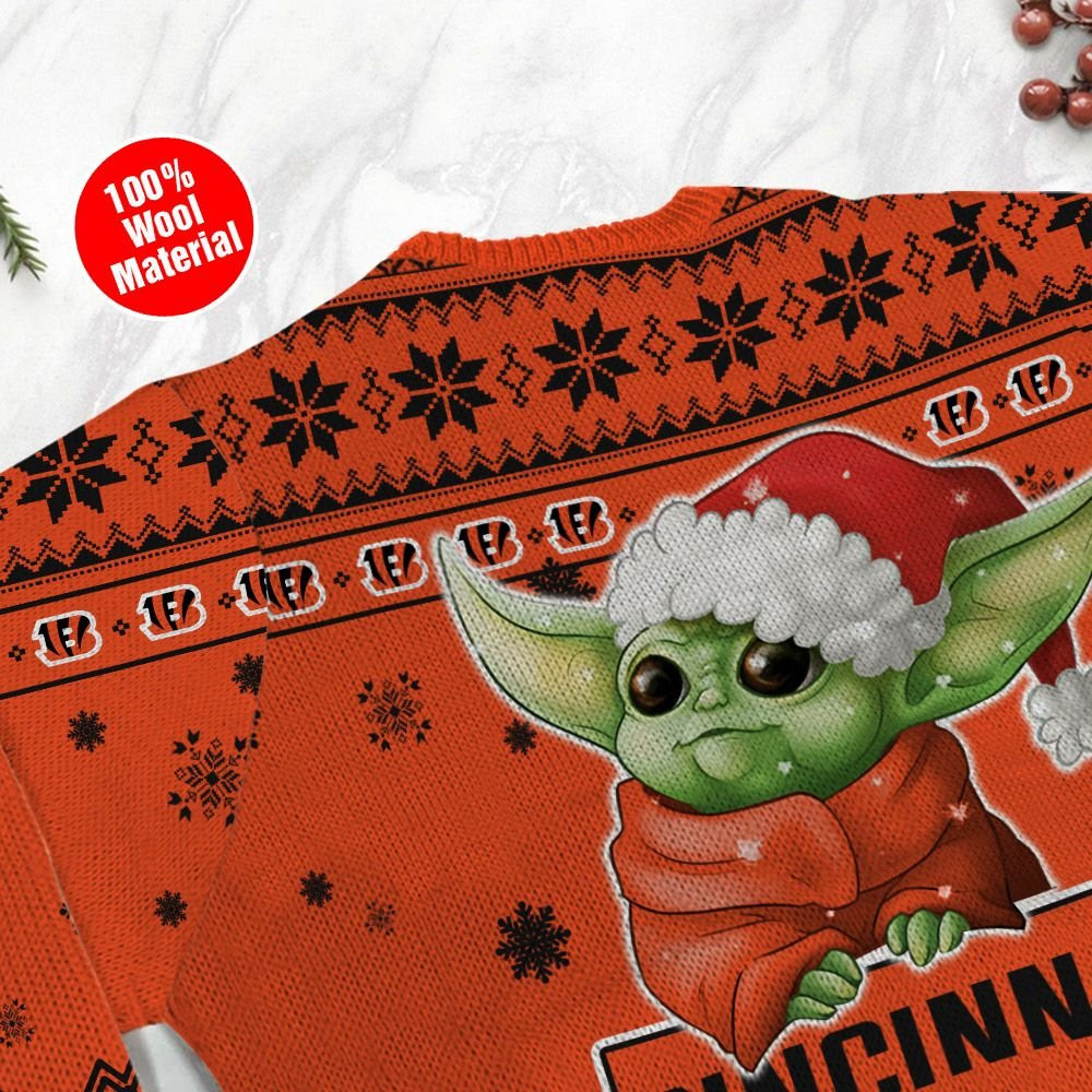 Cincinnati Bengals Cute Baby Yoda Grogu Holiday Party Ugly Christmas Sweater, Perfect Holiday Gift - Image 5
