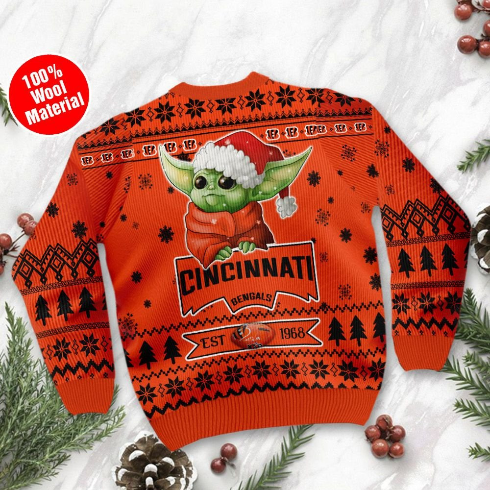 Cincinnati Bengals Cute Baby Yoda Grogu Holiday Party Ugly Christmas Sweater, Perfect Holiday Gift - Image 3