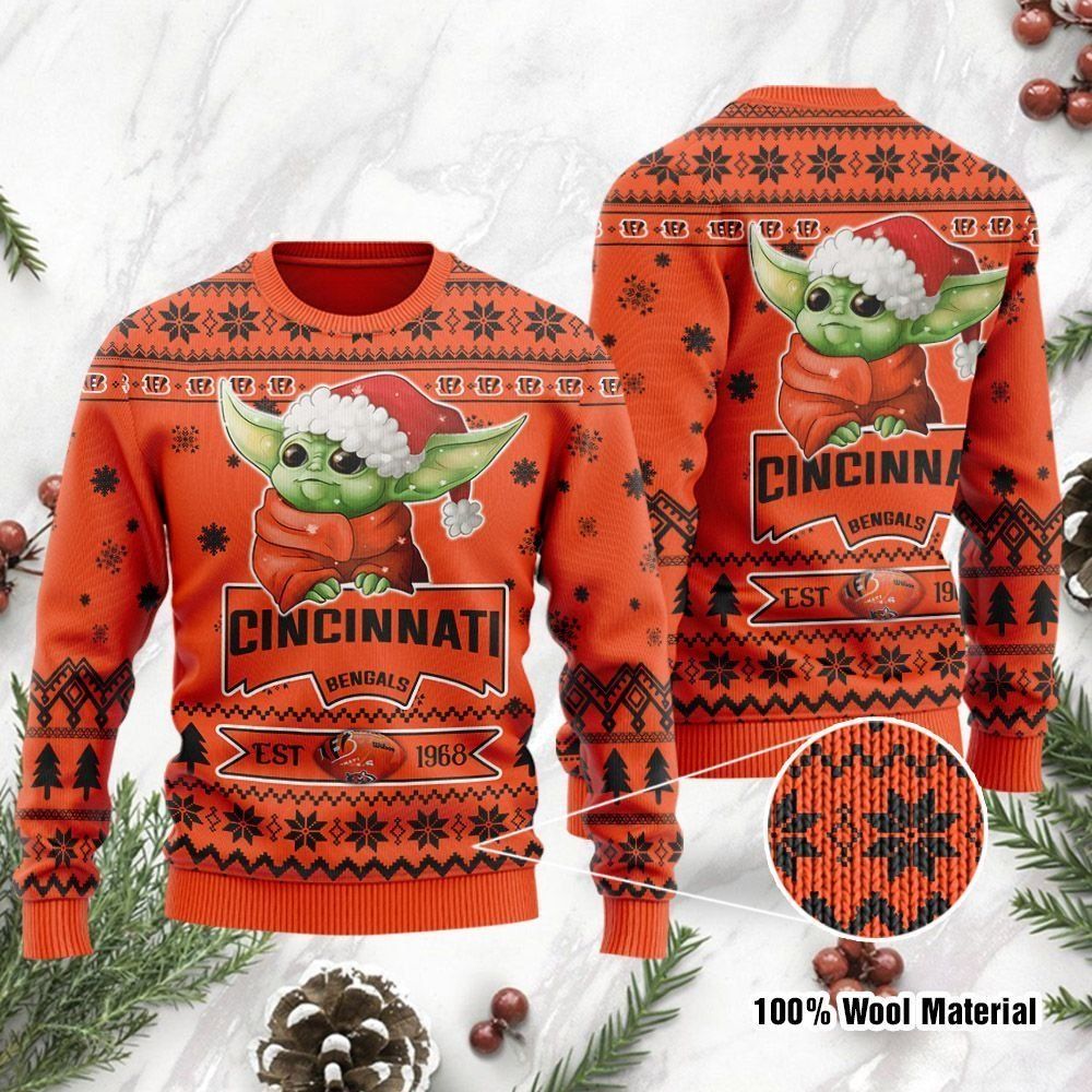 Cincinnati Bengals Cute Baby Yoda Grogu Ugly Christmas Sweater Holiday Party Men Women Full Plus Size