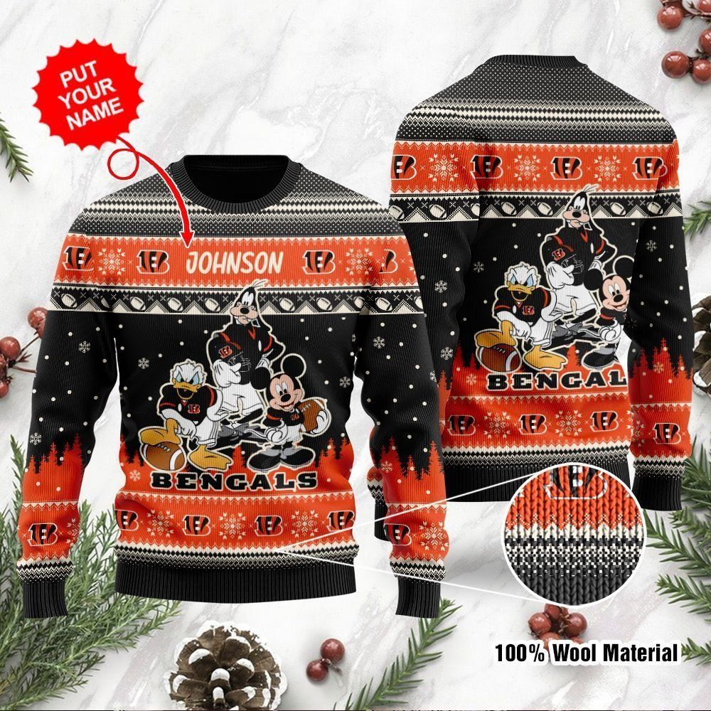 Cincinnati Bengals Disney Donald Duck Mickey Mouse Goofy Custom Name Personalized Ugly Christmas Sweater Holiday Party For Men Women