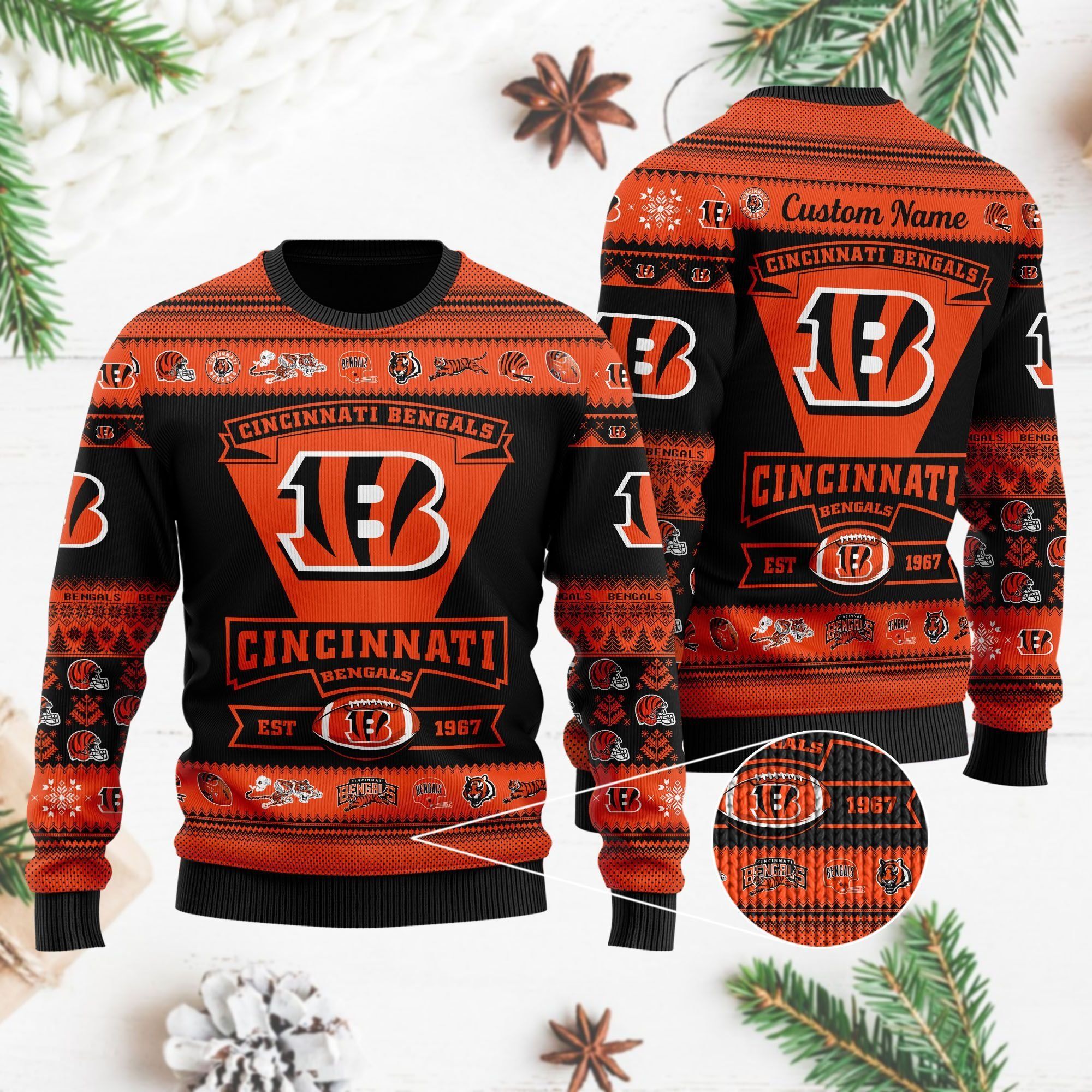 Cincinnati Bengals Football Team Logo Custom Name Personalized Ugly Christmas Sweater Holiday Party Men Women Plus Size