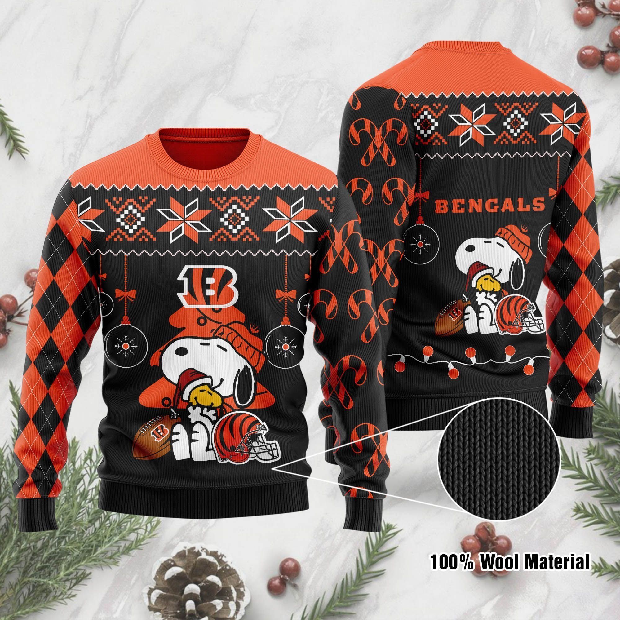 Cincinnati Bengals Funny Charlie Brown Peanuts Snoopy Ugly Christmas Sweater Holiday Party Men Women Plus Size