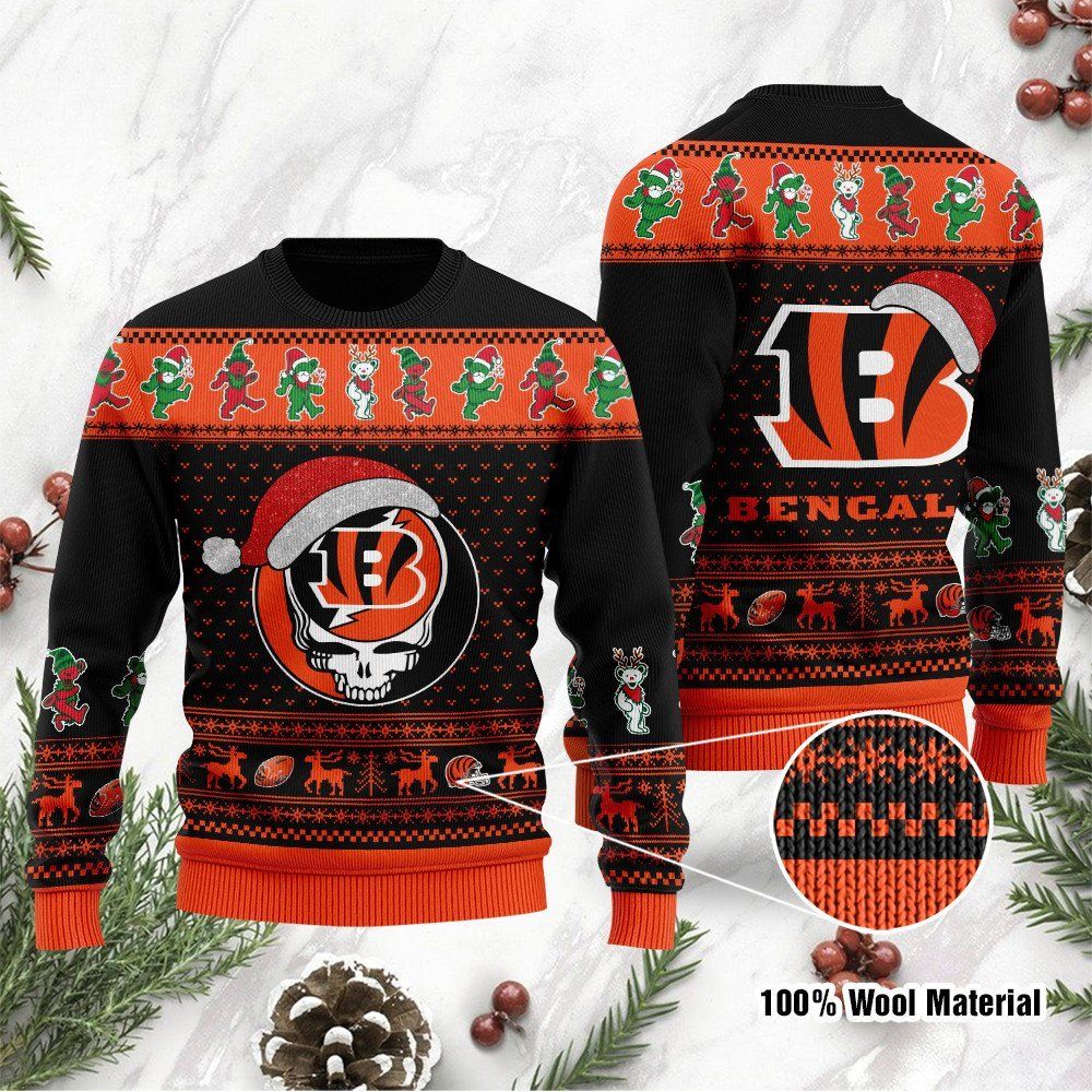 Cincinnati Bengals Grateful Dead SKull And Bears Custom Name Ugly Christmas Sweater NFL Football Christmas