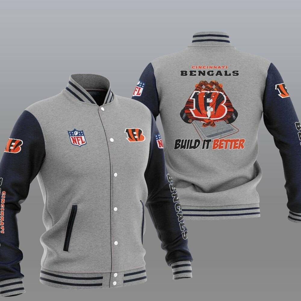 Cincinnati Bengals Grey â€œBuild It Betterâ€ Varsity Baseball Jacket for Men & Women | NFL Team Fan Gift