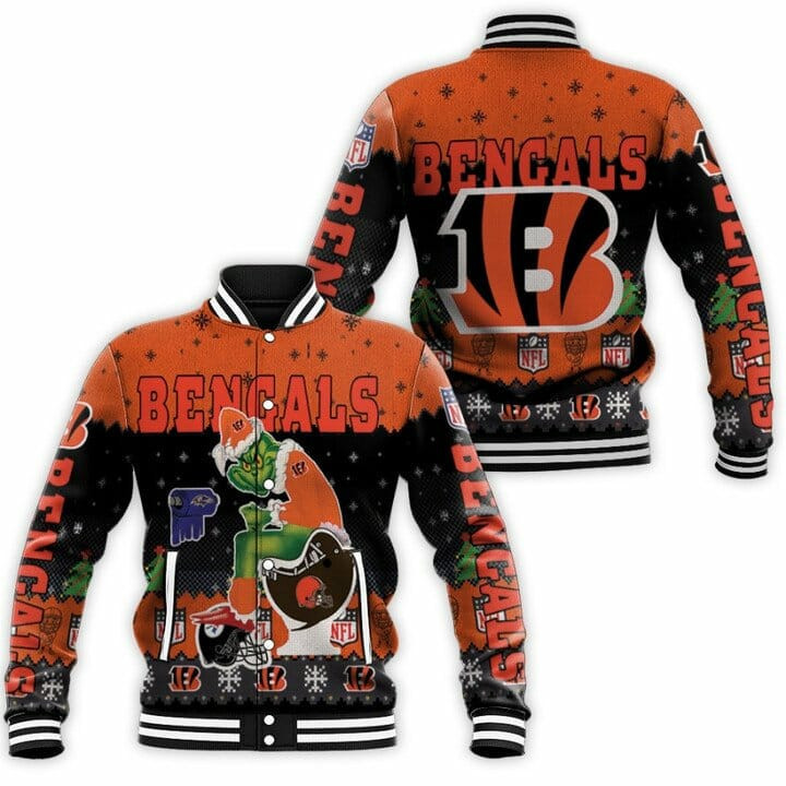 Cincinnati Bengals Grinch Christmas Varsity Baseball Jacket for Men & Women | NFL Team Fan Gift