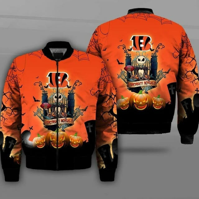 Cincinnati Bengals Jack Skellington Halloween Bomber Jacket | NFL Team Jacket for Men & Women | Football Fan Gift