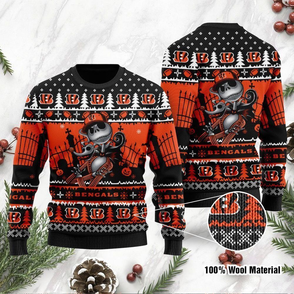 Cincinnati Bengals Jack Skellington Halloween Ugly Christmas Sweater Holiday Party Men Women Full Plus Size