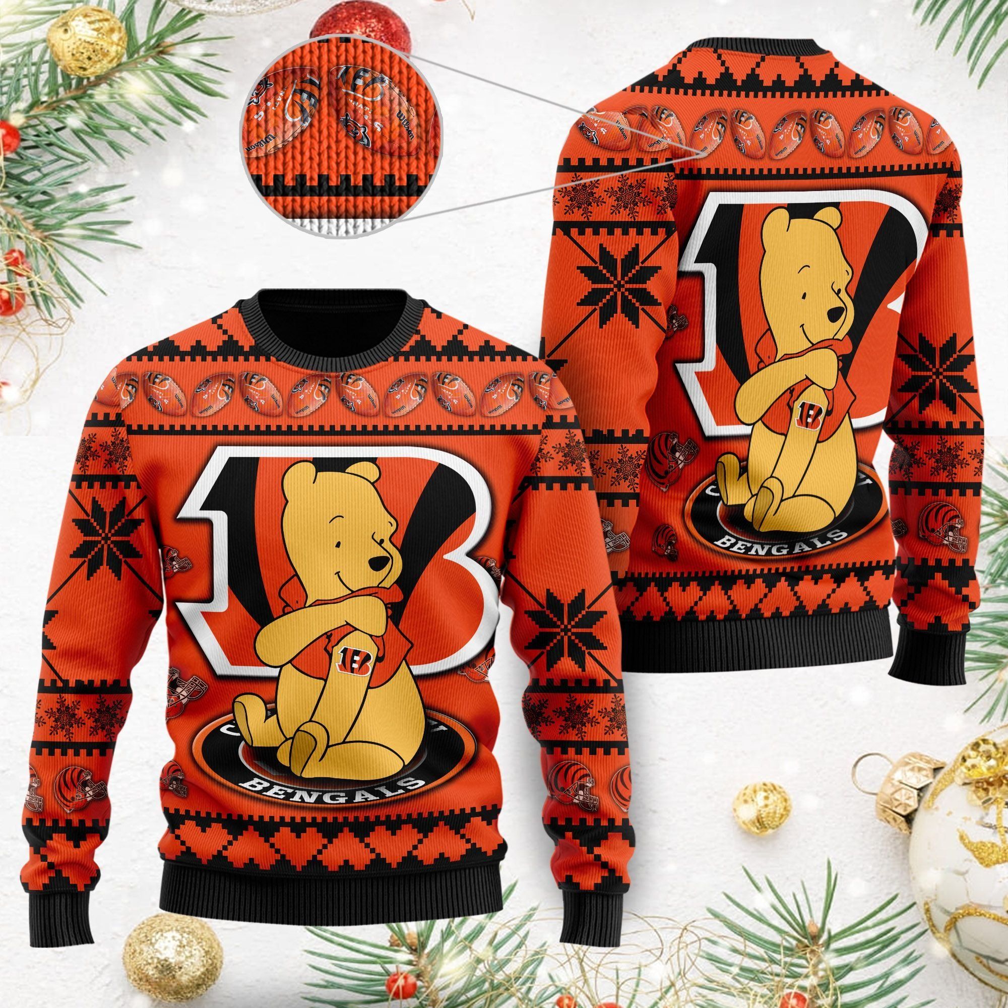 Cincinnati Bengals NFL American Football Team Logo Cute Winnie The Pooh Bear 3D Ugly Christmas Sweater