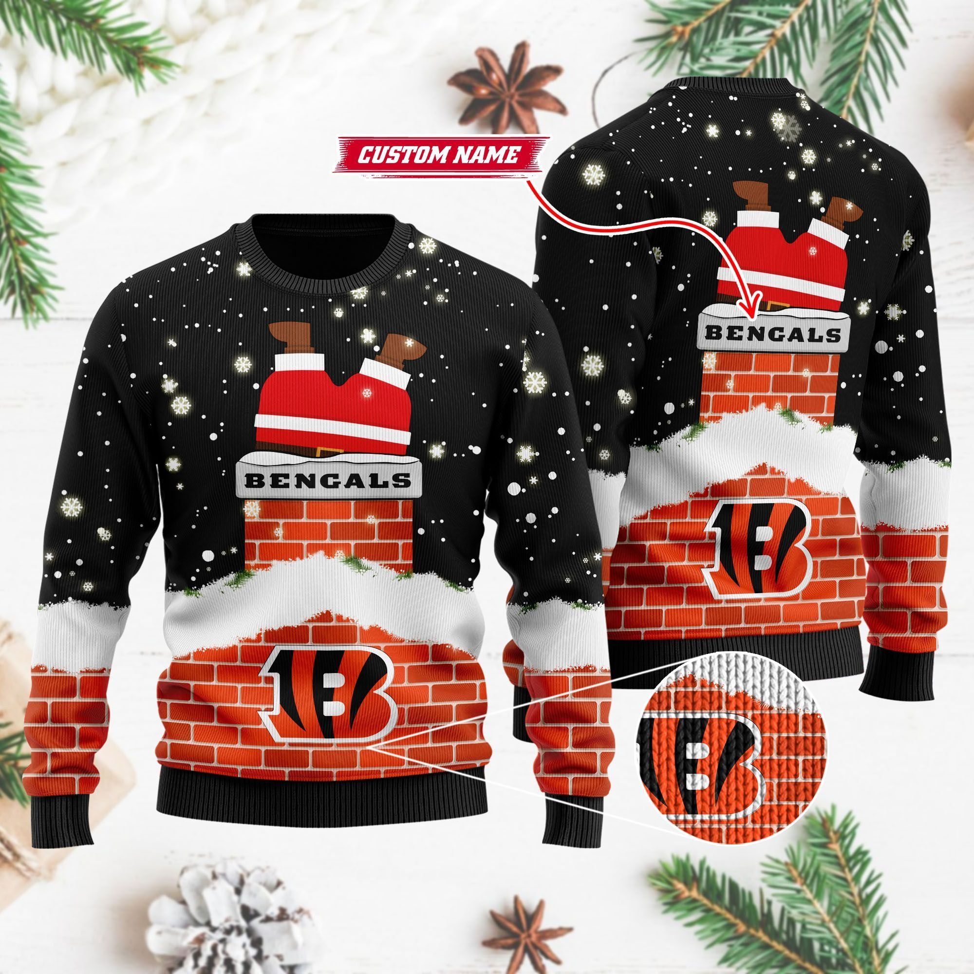 Cincinnati Bengals NFL Football Team Logo Symbol Santa Claus Custom Name Personalized 3D Ugly Christmas Sweater