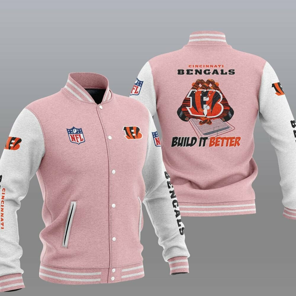Cincinnati Bengals Pink â€œBuild It Betterâ€ Varsity Baseball Jacket for Men & Women | NFL Team Fan Gift