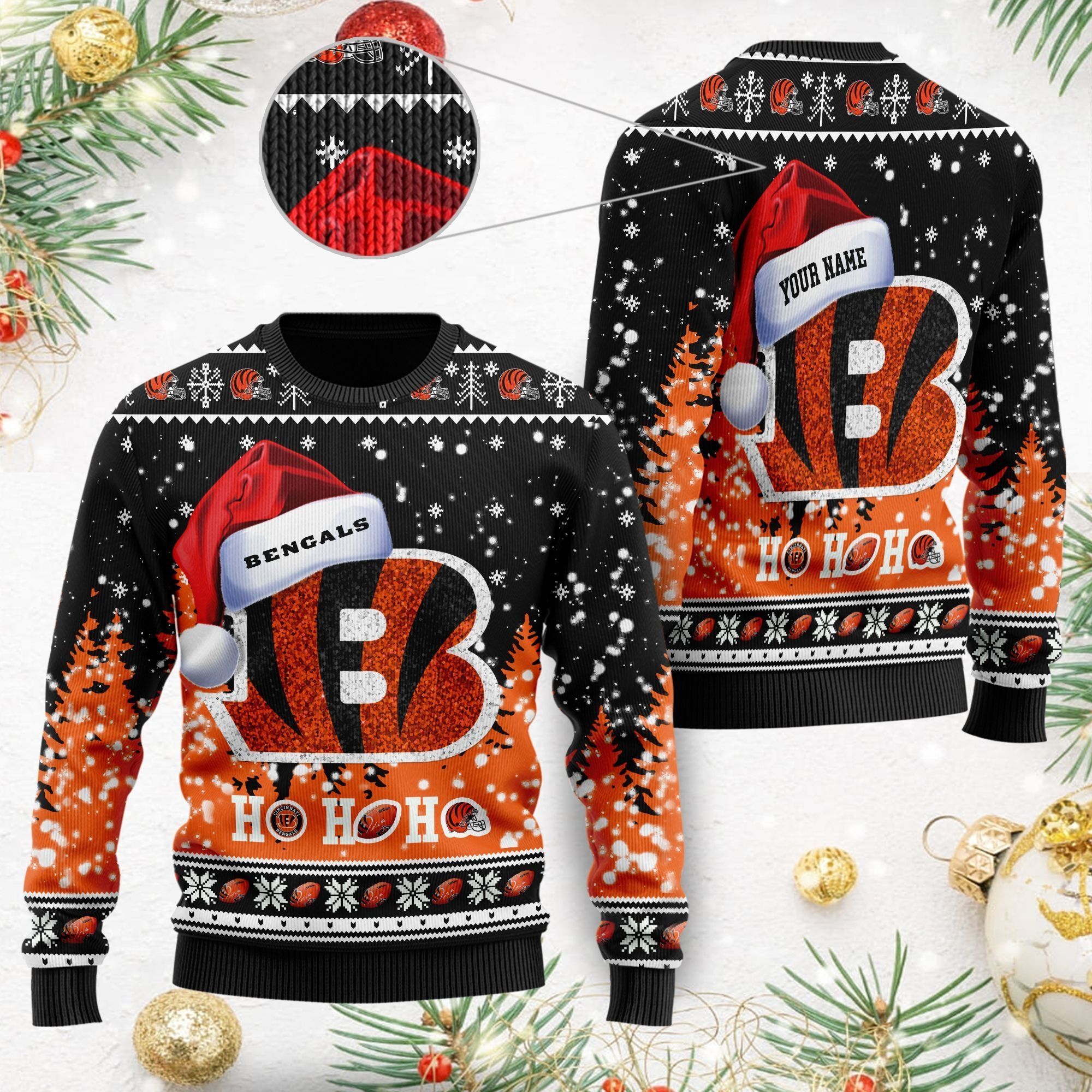 Cincinnati Bengals Symbol Wearing Santa Claus Hat Cute Pattern Ho Ho Ho Custom Personalized Ugly Christmas Sweater For Football Fans On Xmas Party