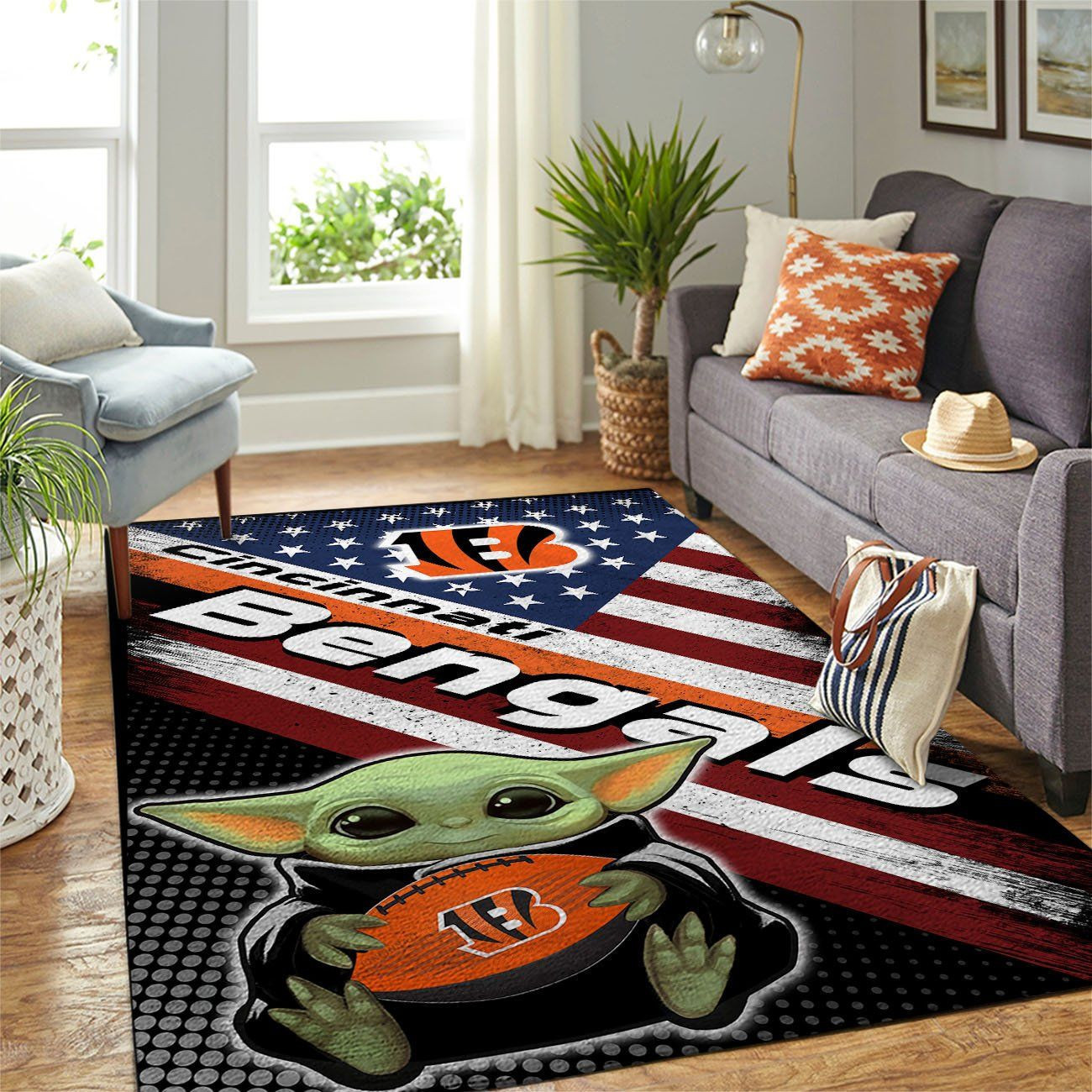 Cincinnati Bengals Team Logo Baby Yoda Us Rectangle Area Rug – Full Print Carpet For Living Room & Bedroom Home Decor