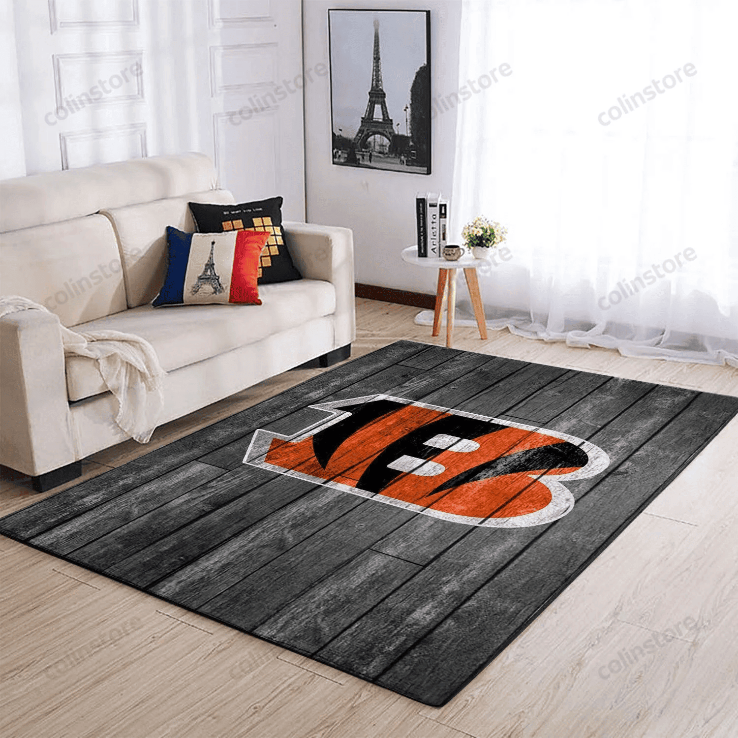 Cincinnati Bengals Team Logo Grey Wooden Rectangle Area Rug – Full Print Carpet For Living Room & Bedroom Home Decor