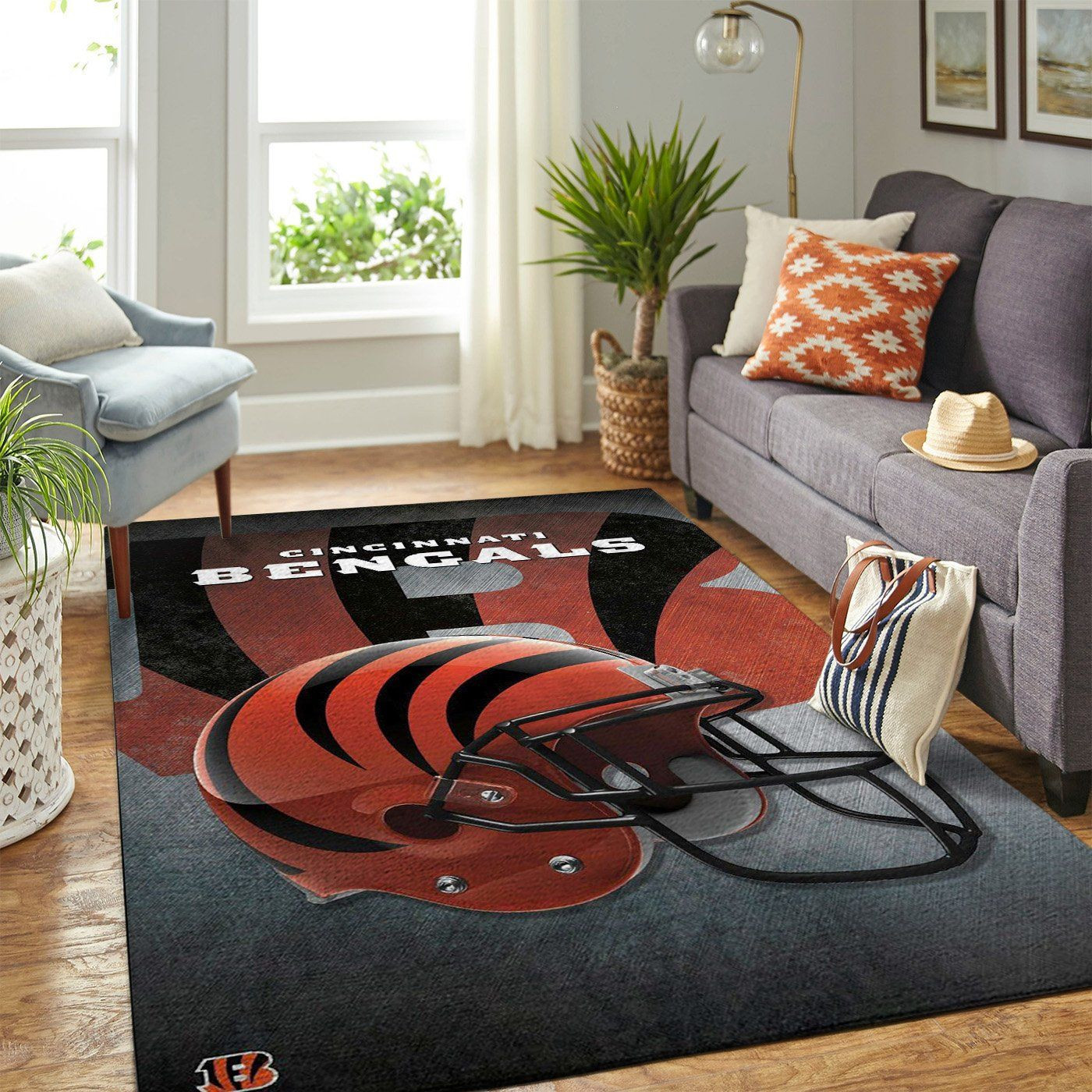 Cincinnati Bengals Team Logo Helmet Rectangle Area Rug – Full Print Carpet For Living Room & Bedroom Home Decor