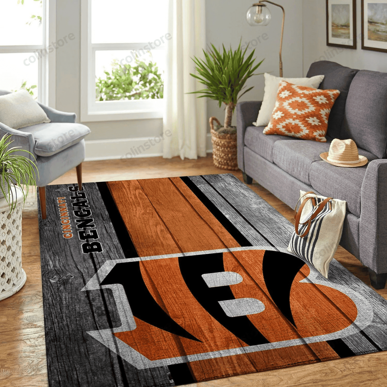 Cincinnati Bengals Team Logo Wooden Rectangle Area Rug – Full Print Carpet For Living Room & Bedroom Home Decor